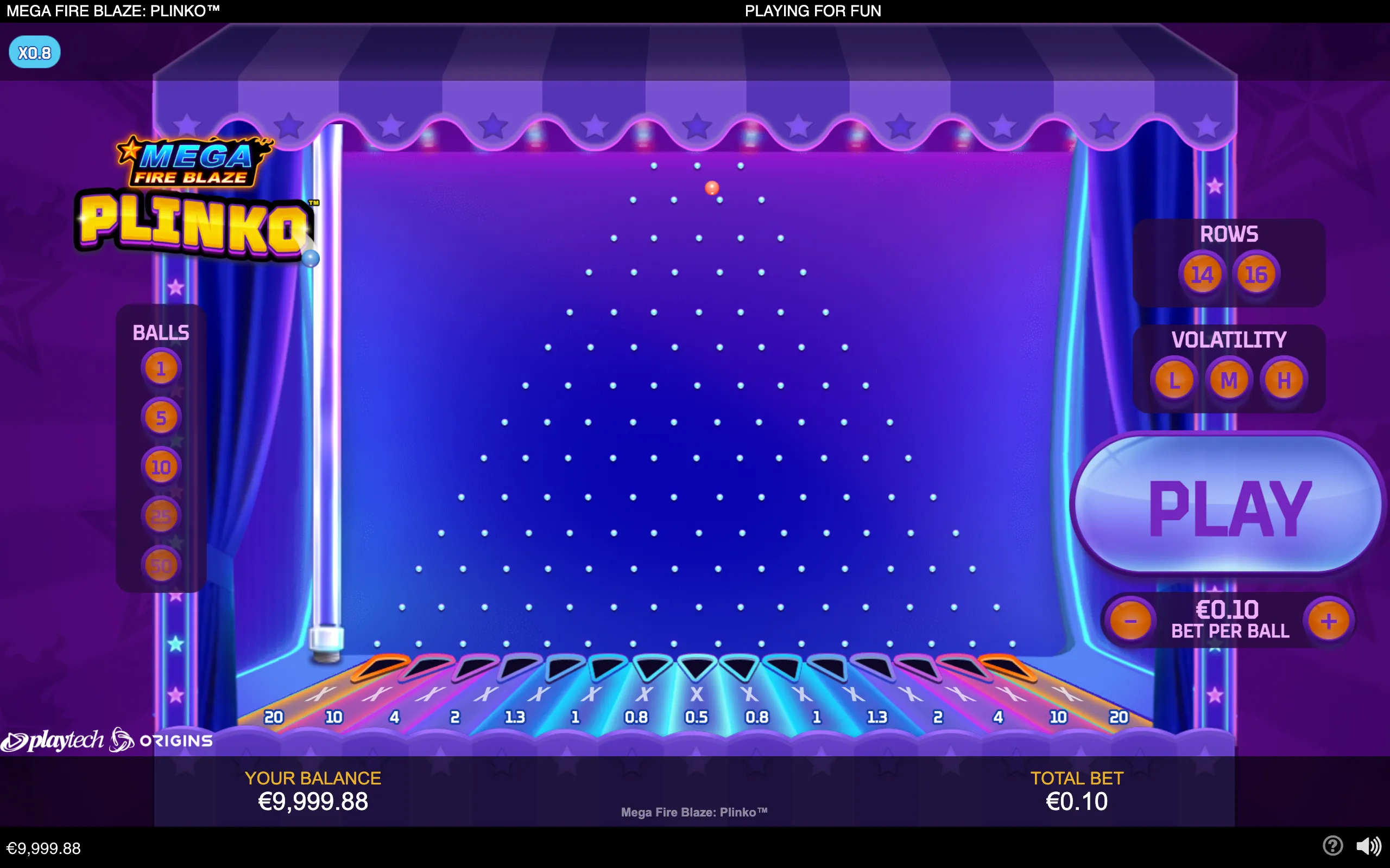 Mega Fire Blaze: Plinko game interface with a glowing blue and purple Plinko board, bouncing ball, colorful multiplier lanes, ball selections, volatility options, and a large Play button.
