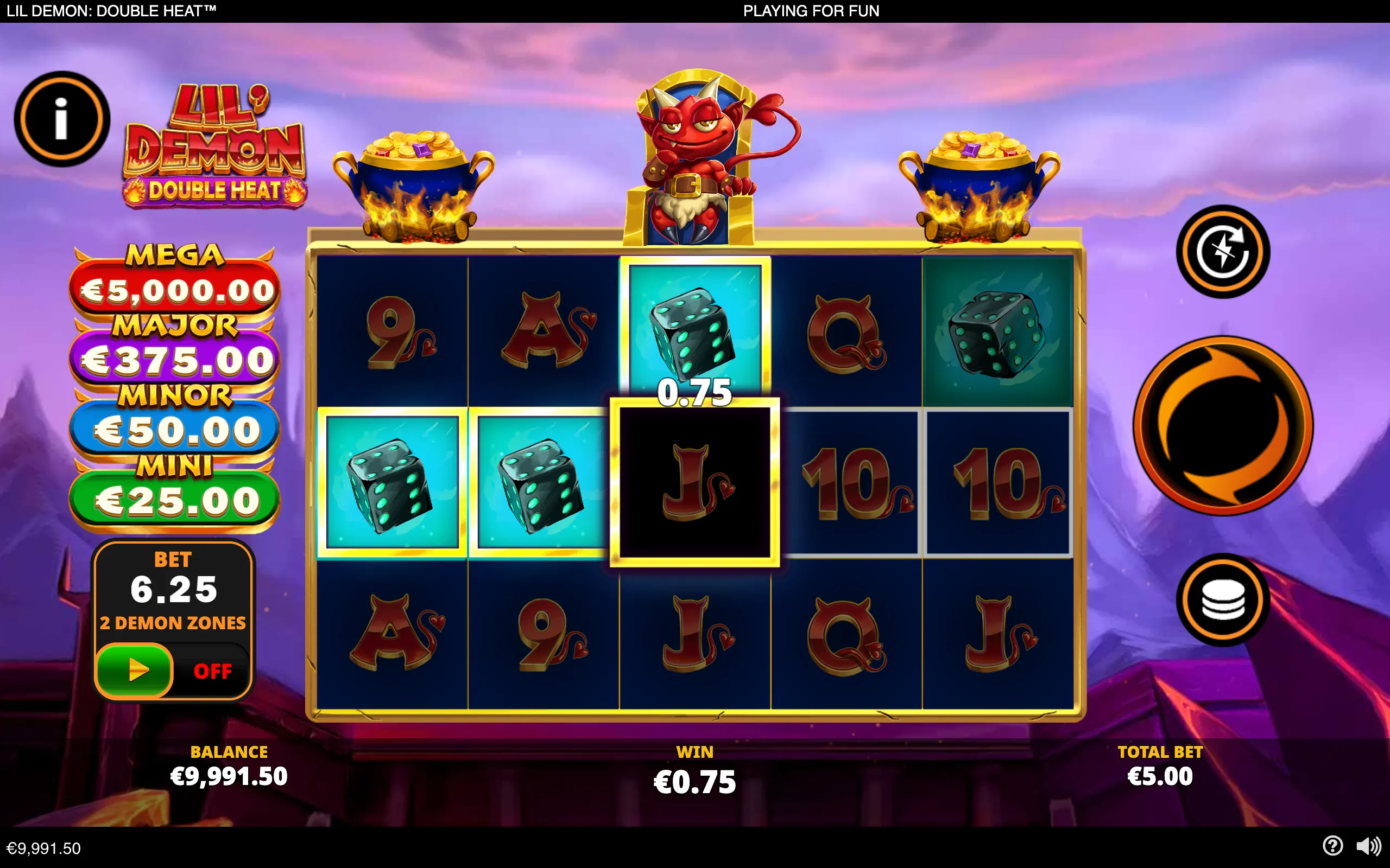 Lil' Demon: Double Heat slot interface with a red cartoon demon, flaming pots of gold, dice symbols, jackpot values, and a purple volcanic fantasy backdrop.