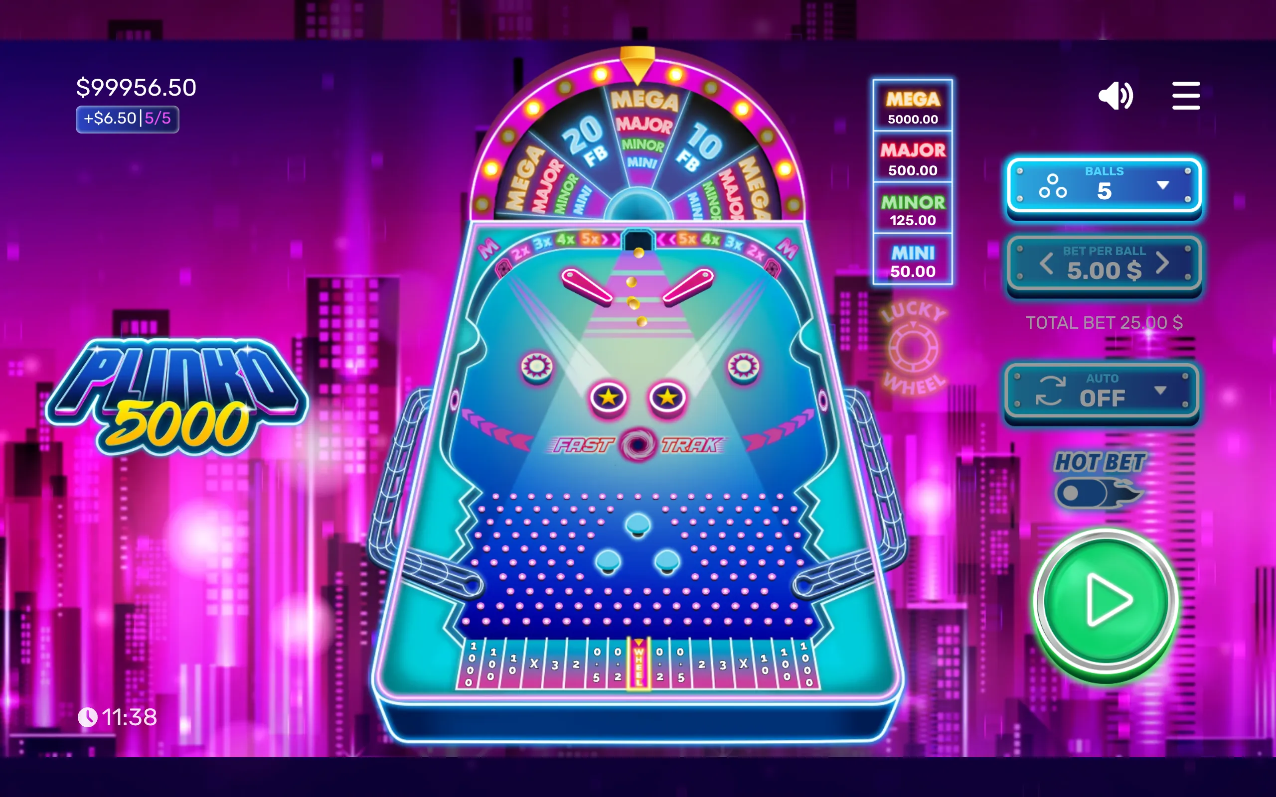 Neon Plinkball 5000 slot interface with a glowing Plinko board, falling balls, multiplier lanes, jackpot wheel, and futuristic purple city backdrop.