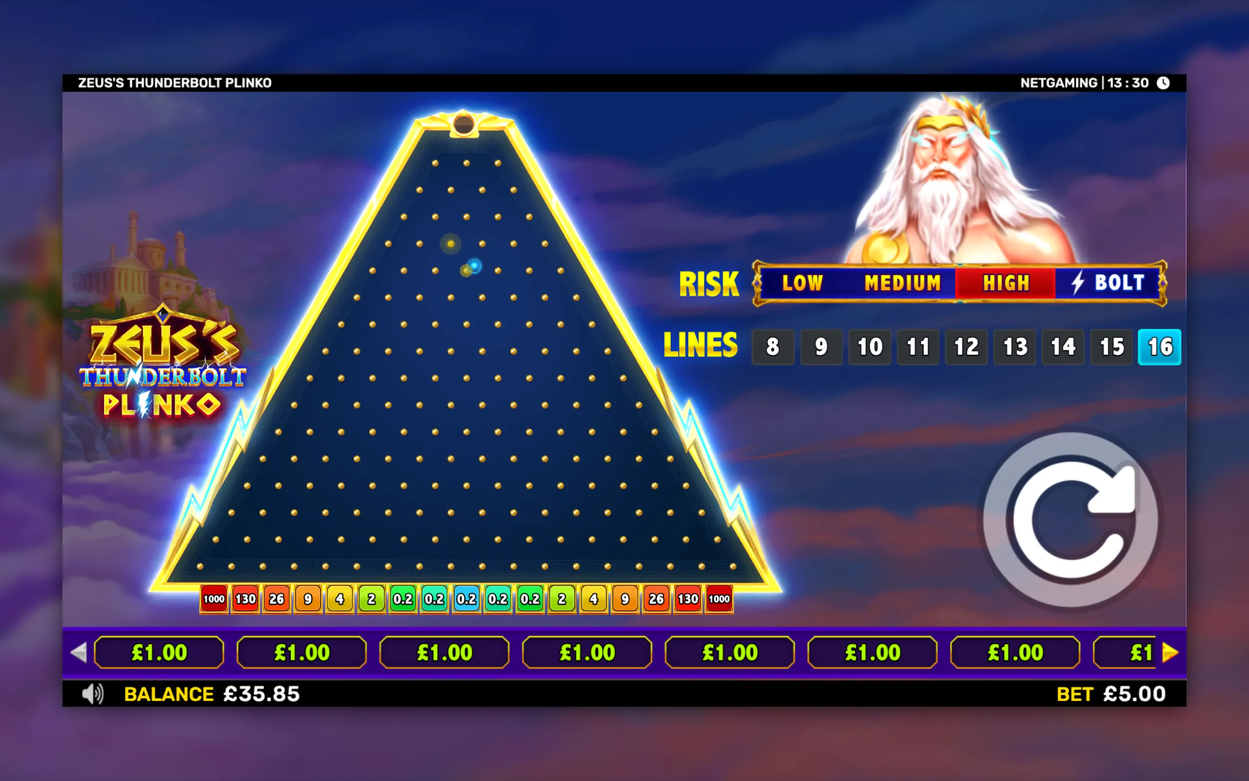 Zeus’s Thunderbolt Plinko slot interface with a glowing triangular peg board, payout multipliers from 0.2 to 1000, risk settings, line options, and Zeus beneath a stormy purple-blue sky.