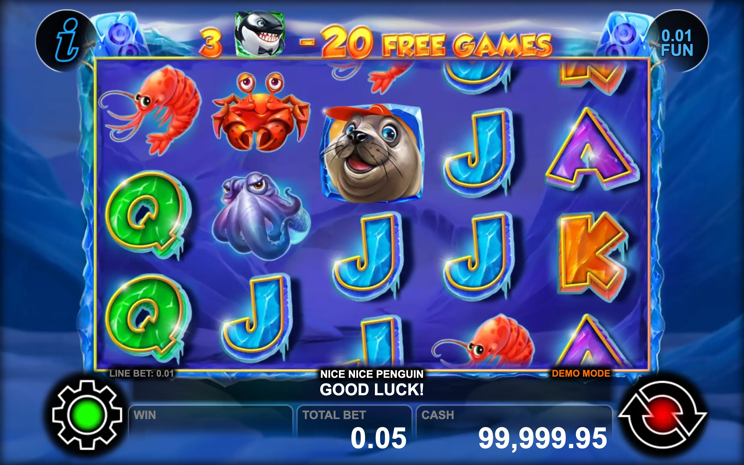 Nice Nice Penguin slot game preview with colorful sea animal symbols and icy blue background