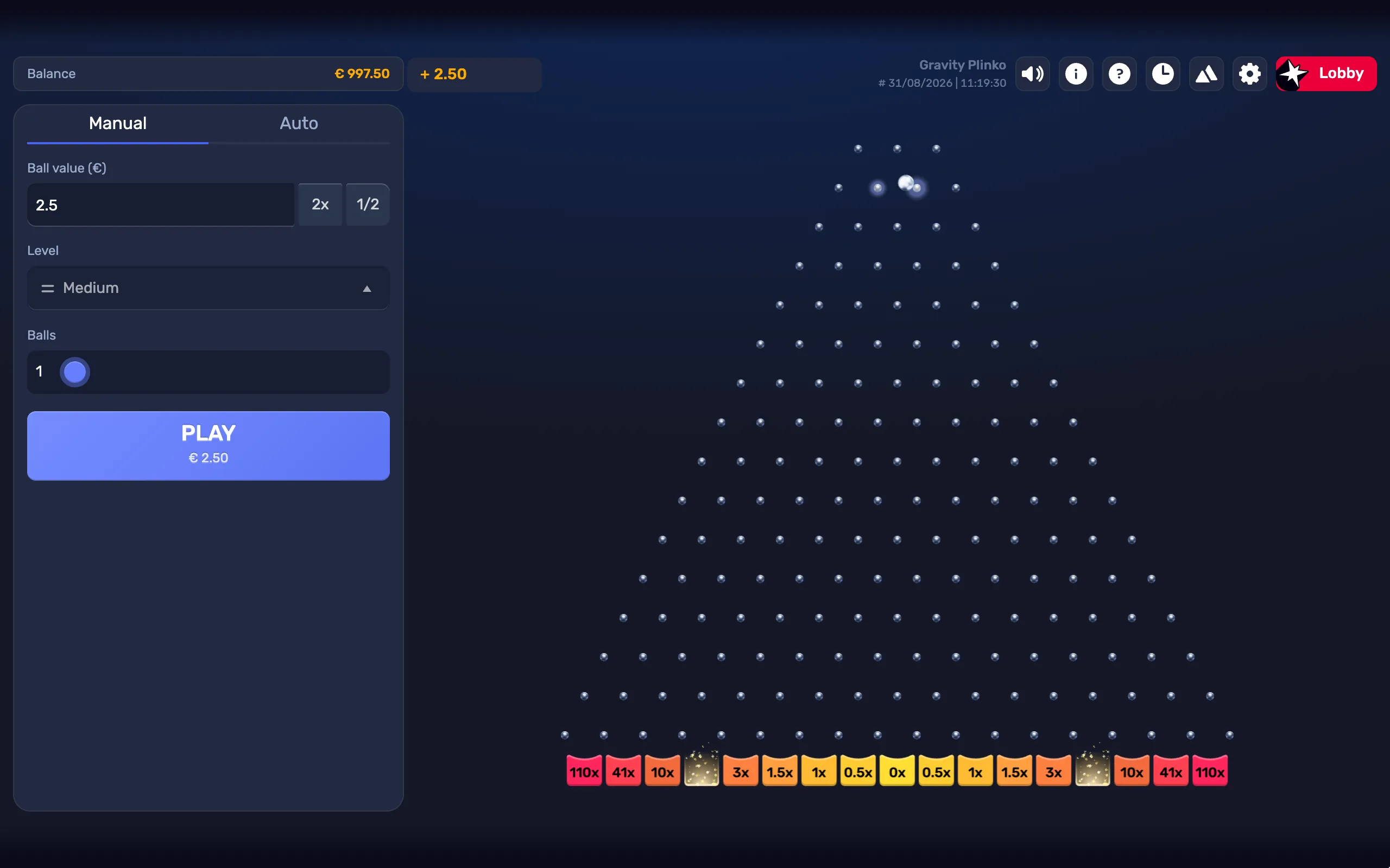 Gravity Plinko game interface with a silver ball above a large triangular peg board and multiplier slots from 0x to 110x along the bottom.