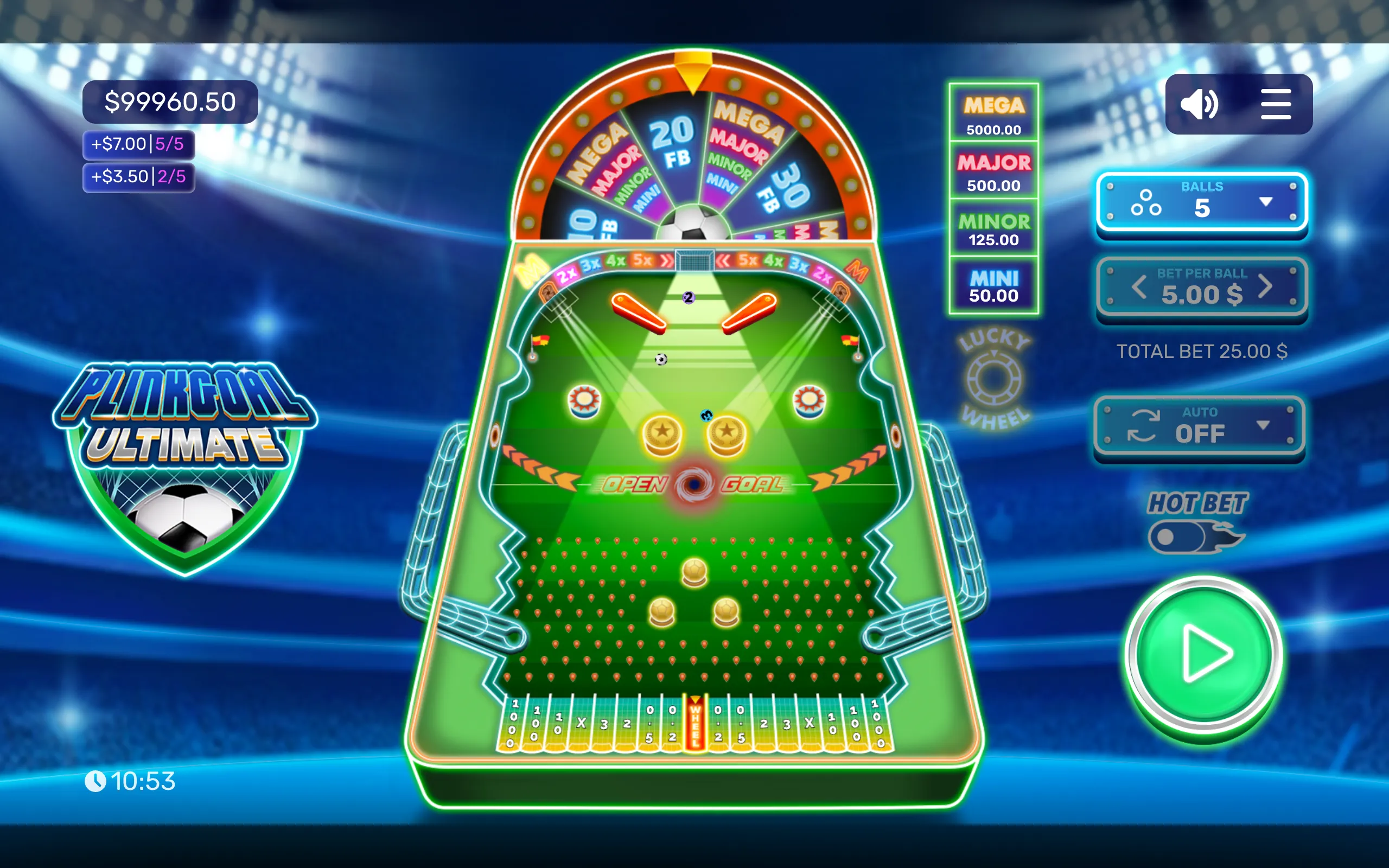 Plinkgoal Ultimate slot interface featuring a glowing football-themed Plinko board, payout lanes, jackpot wheel, soccer balls, and Mega, Major, Minor, and Mini prize tiers.