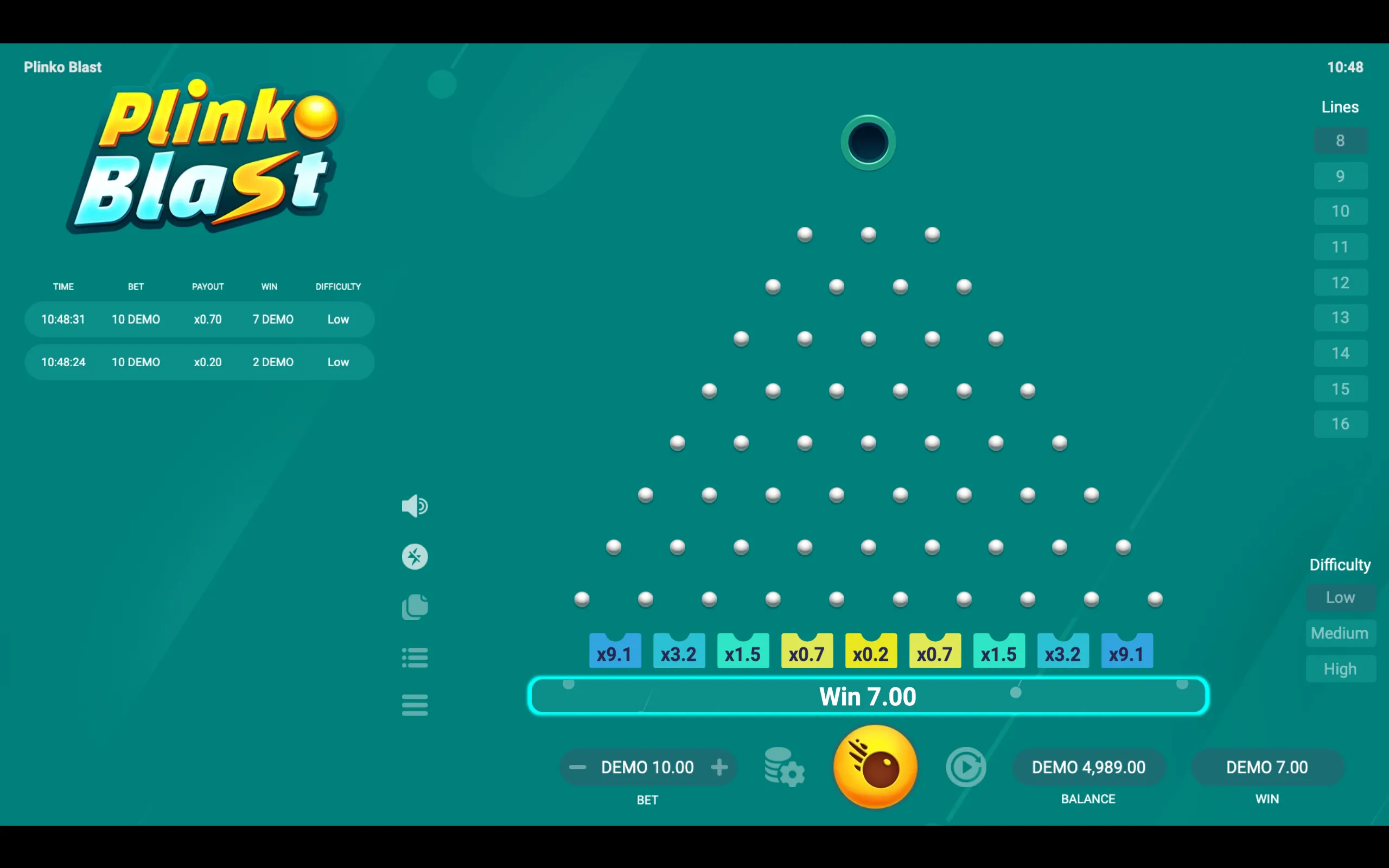 Plinko Blast game interface with a teal Plinko peg board, colored multiplier slots from x0.2 to x9.1, demo balance controls, and a displayed win of 7.00.