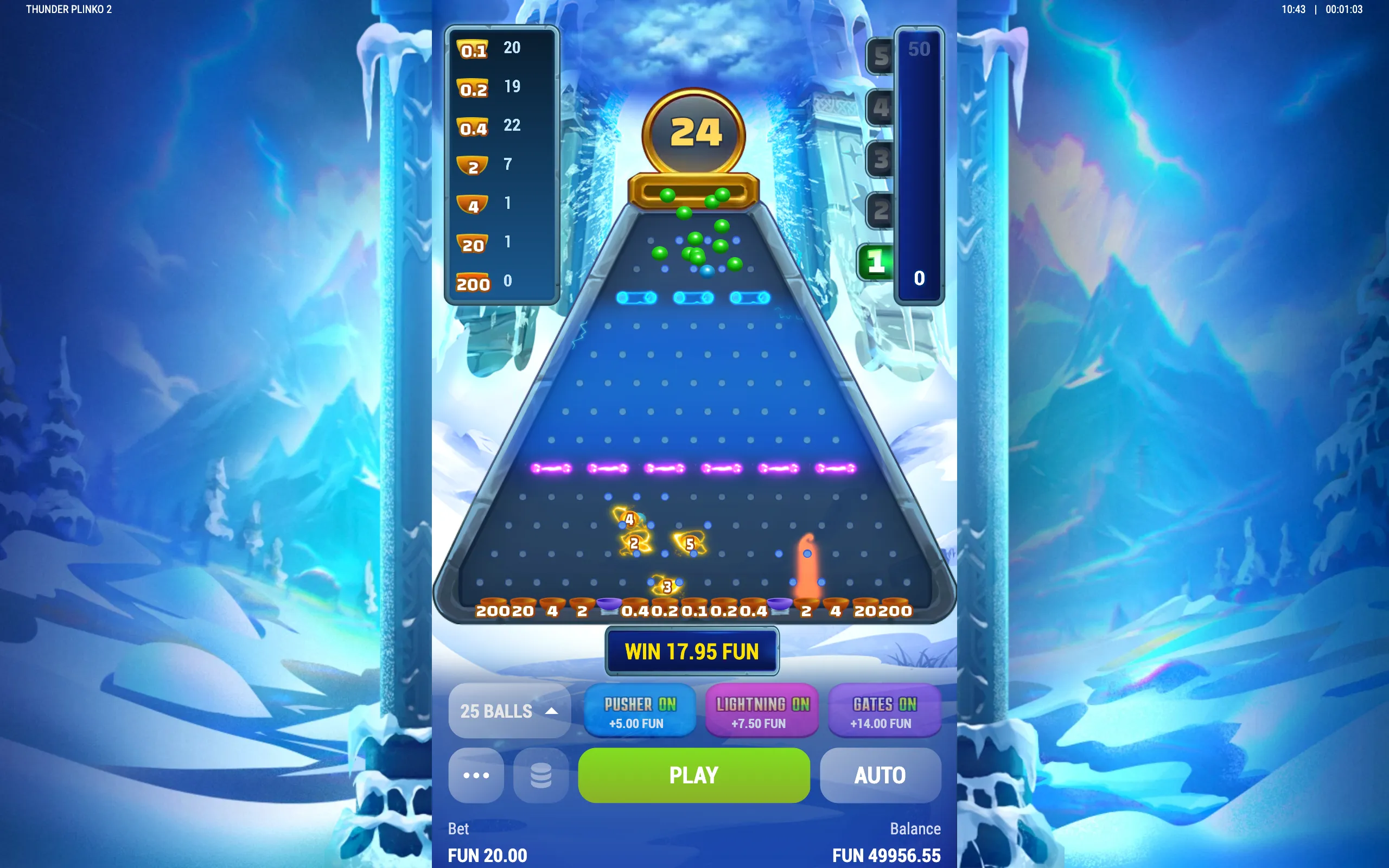 Thunder Plinko 2 displays a glowing blue plinko board in an icy mountain setting, with green balls, numbered prize paths, and a 17.95 FUN win total.