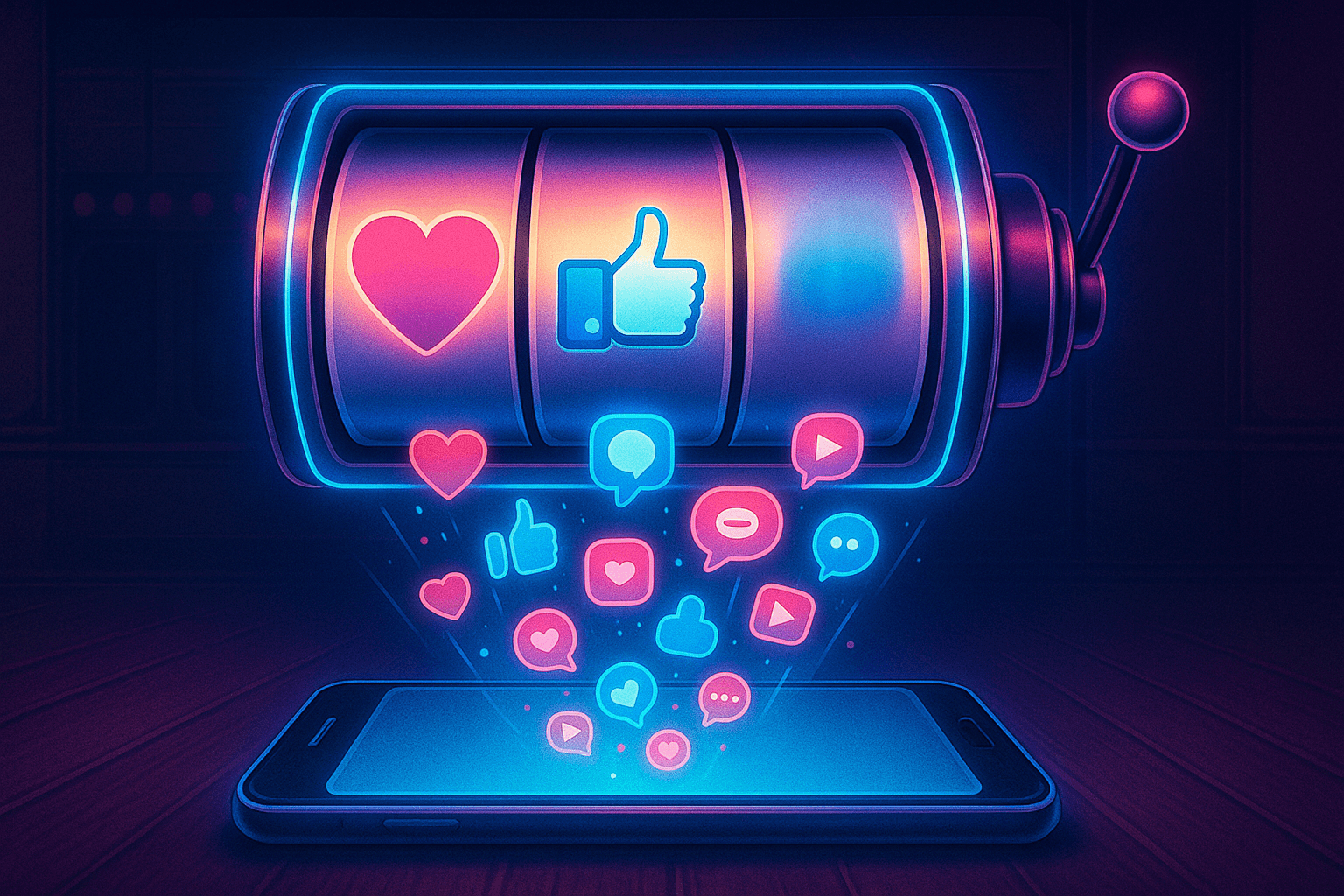 A glowing slot machine reel displays a heart and a thumbs-up symbol, with neon social media icons flowing into a smartphone.