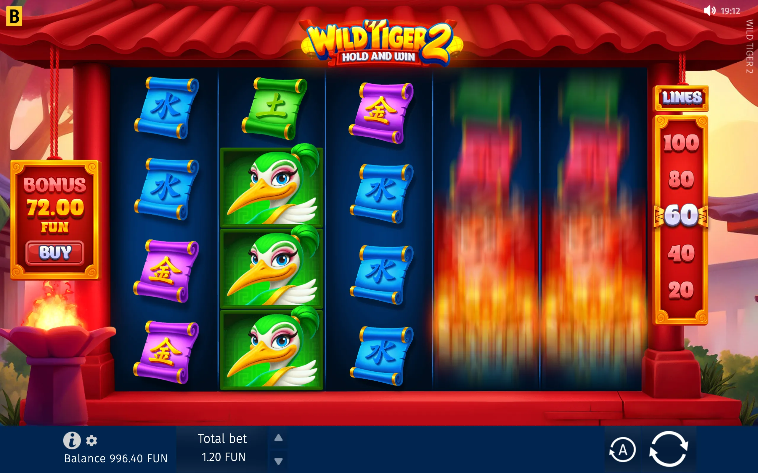 Wild Tiger 2 slot interface with colorful Chinese scroll symbols, cartoon crane characters, a red temple backdrop, bonus purchase panel, and spinning reels.