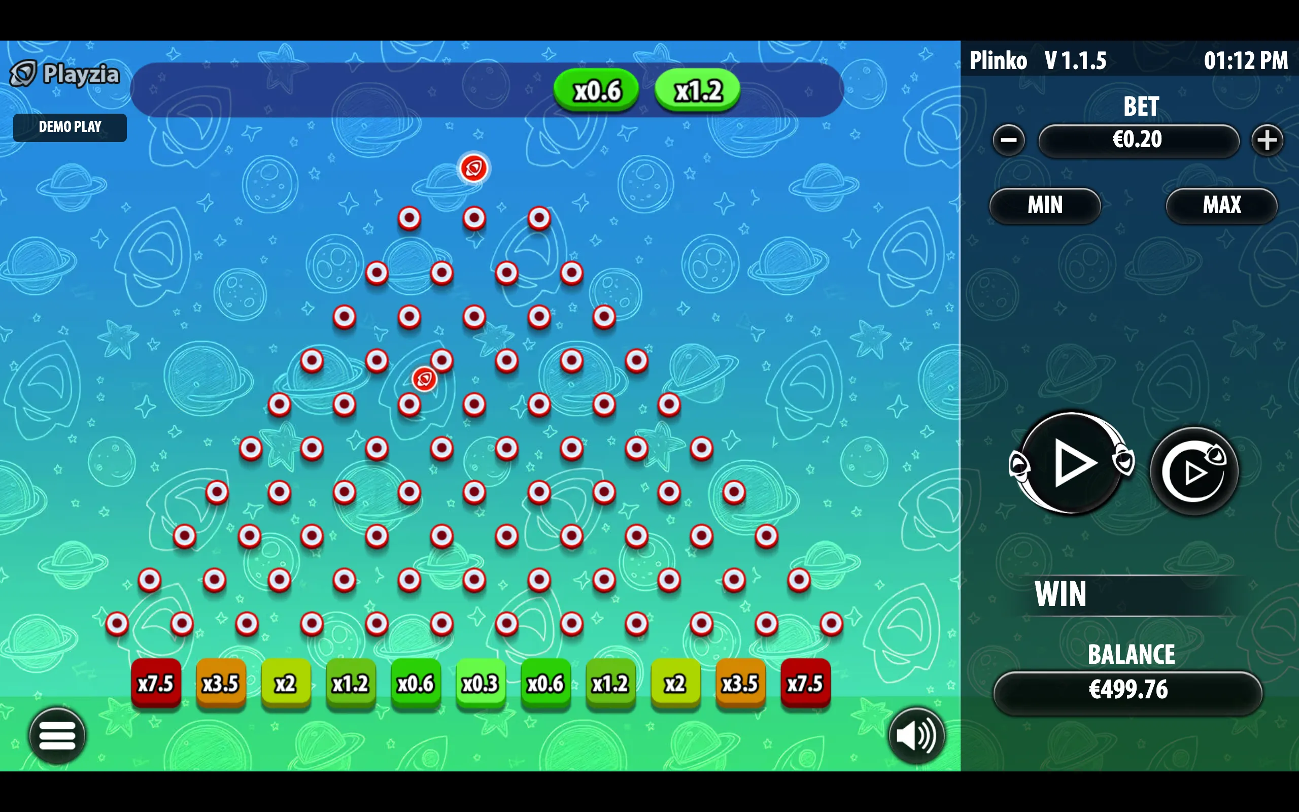 Playzia Plinko game interface featuring a blue-green space-themed Plinko board, red-and-white pegs, falling tokens, multiplier bins, and betting controls.