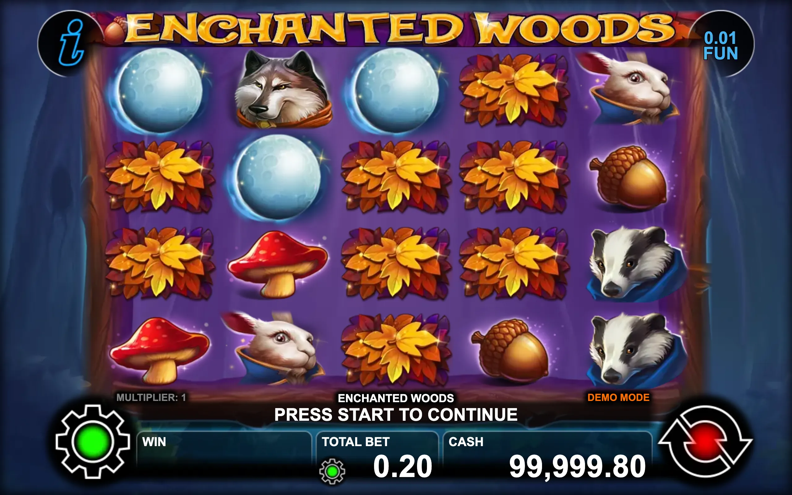 Enchanted Woods slot game with mystical forest symbols including animals, mushrooms, and autumn leaves on a purple backdrop