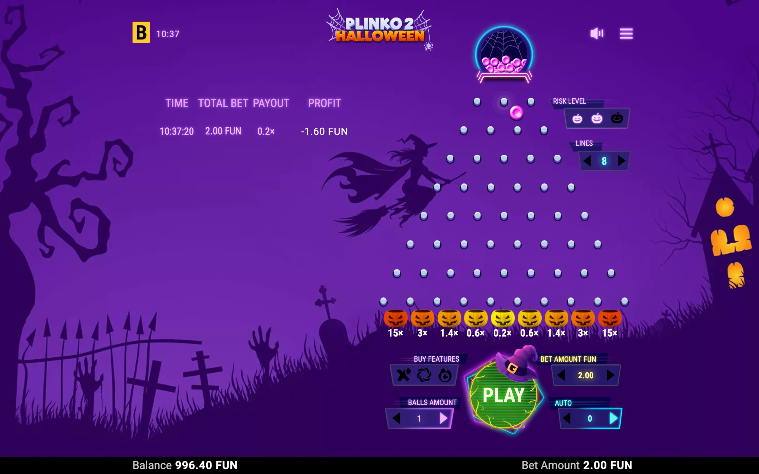 Halloween-themed Plinko 2 game interface with a glowing peg board, pink ball, pumpkin multiplier slots, witch hat, spider webs, gravestones, and a haunted purple landscape.