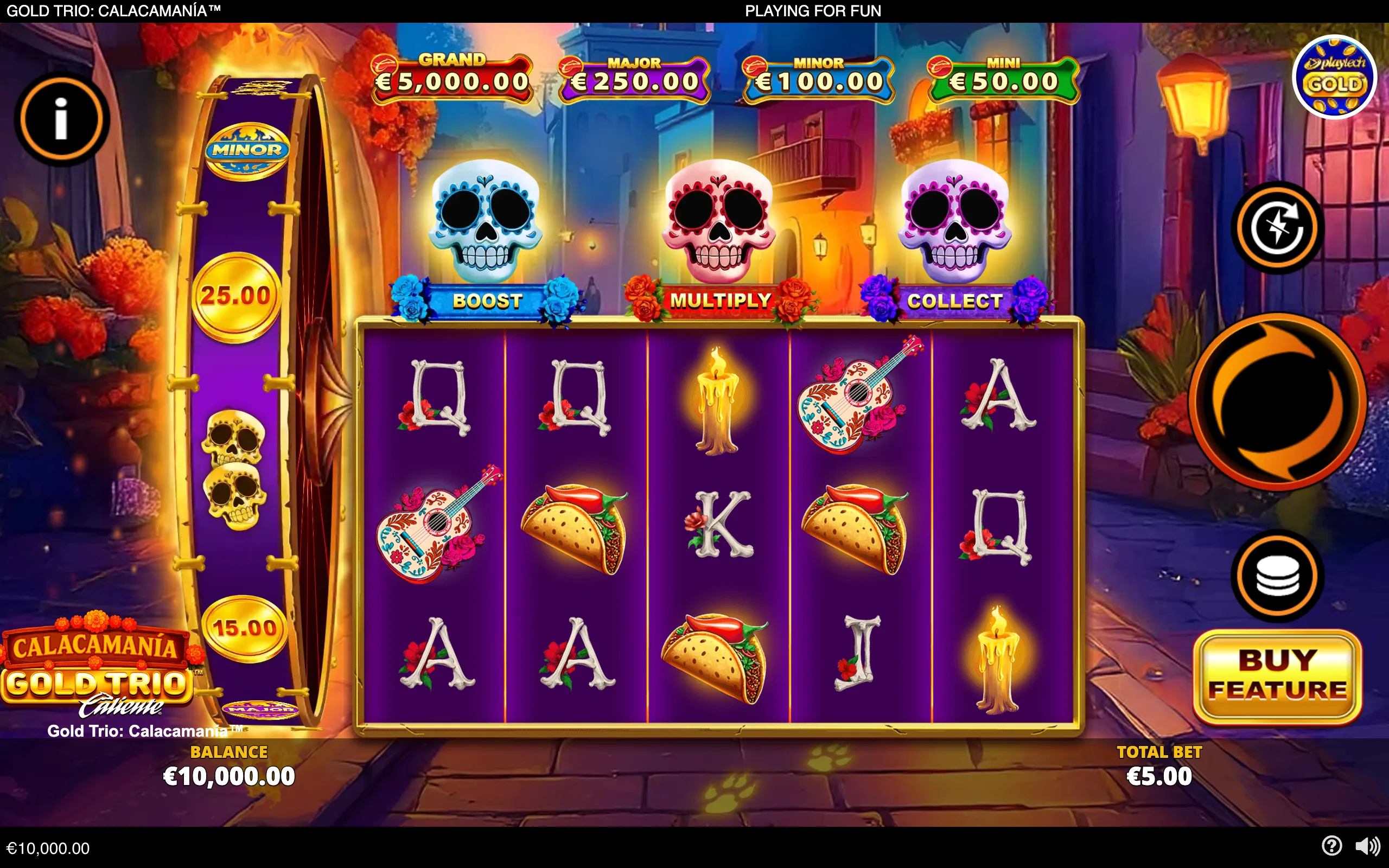 Gold Trio: Calacamanía slot interface with sugar skulls, marigolds, tacos, guitars, candles, jackpot tiers, and a colorful Mexican-inspired street backdrop.