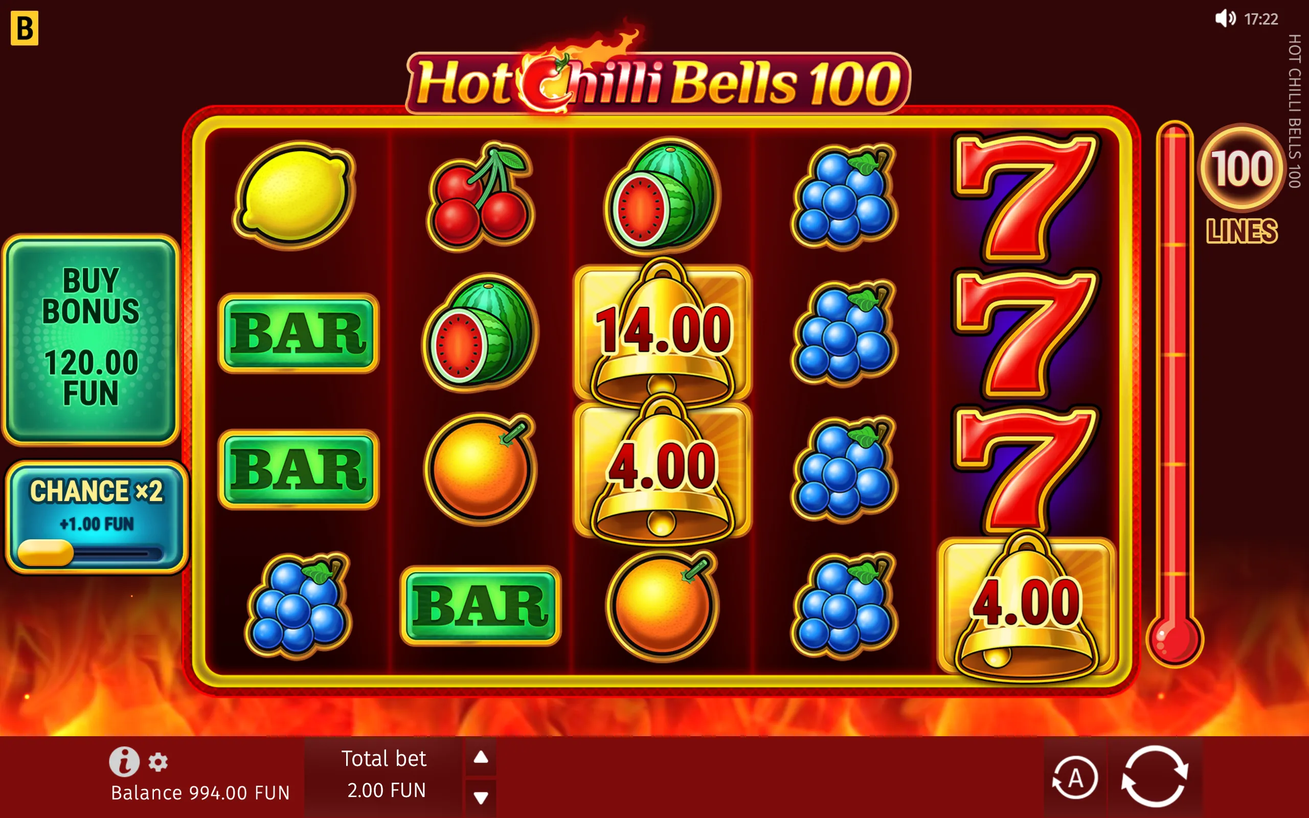 Hot Chilli Bells 100 slot interface with flaming branding, fruit and BAR symbols, stacked red sevens, golden bells, a 100-lines badge, and bonus controls over a fiery backdrop.