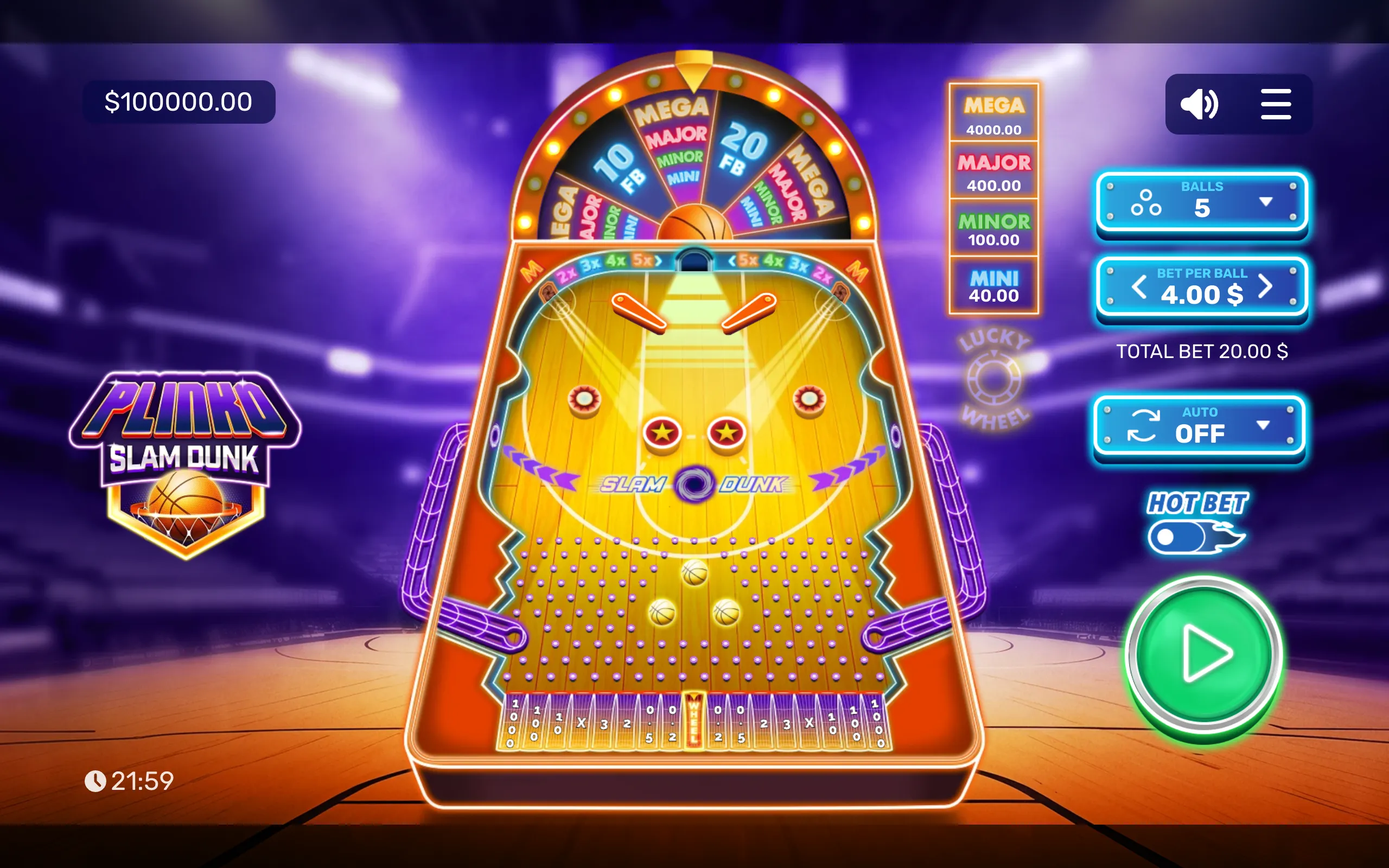 A neon basketball-themed Plinko slot interface features a glowing court, peg-filled ball drop board, jackpot wheel, multiplier lanes, and colorful betting controls.