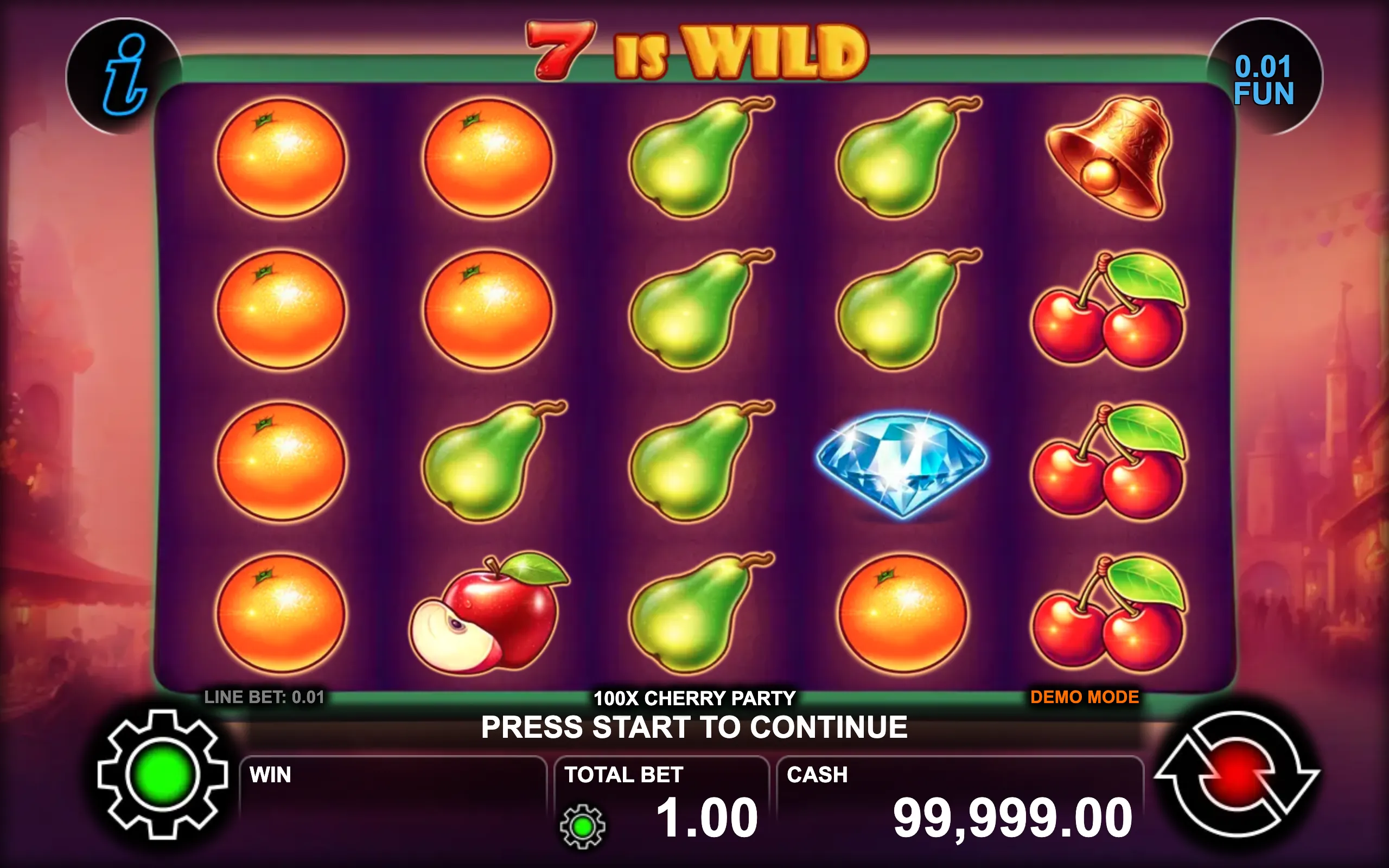 100x Cherry Party slot preview featuring vibrant fruit symbols and a glowing purple background
