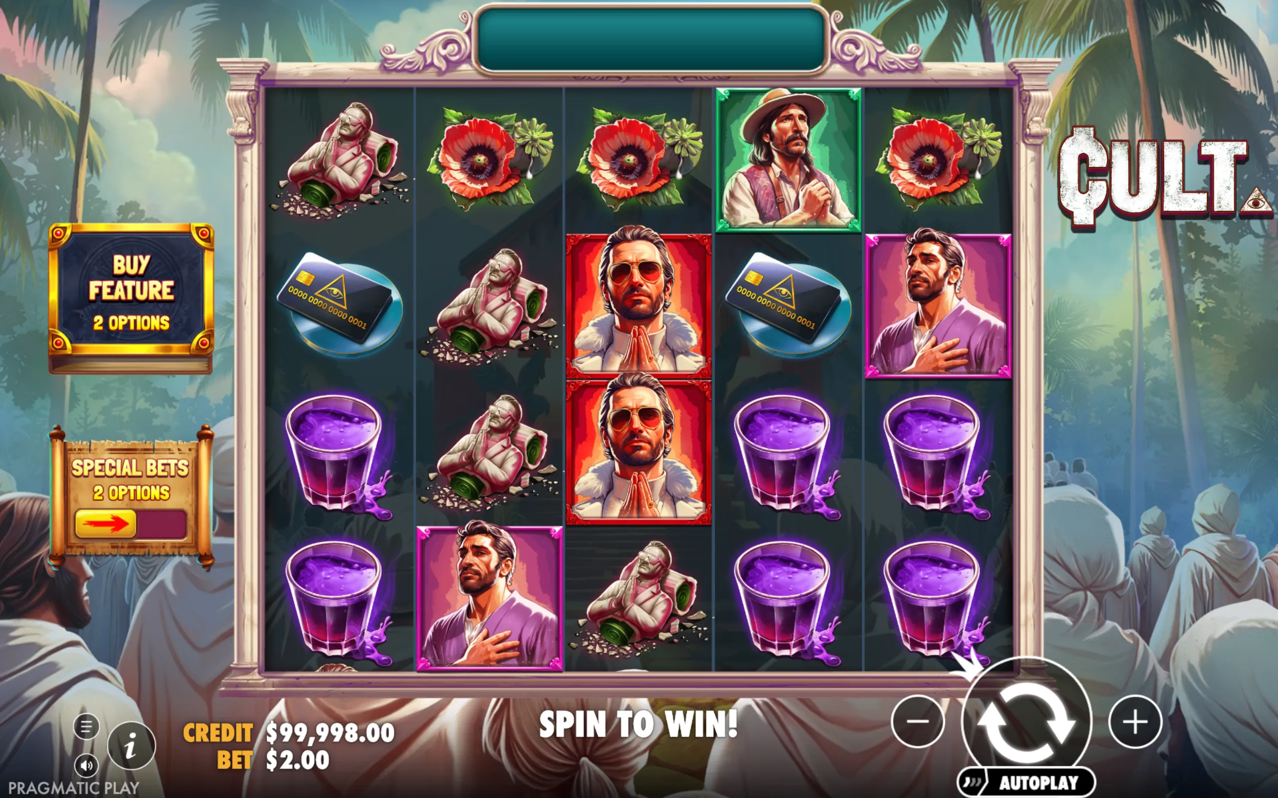 Slot game 'Cult' featuring symbols of cult members, mystical flowers, purple drinks, and secretive cards on a tropical backdrop.