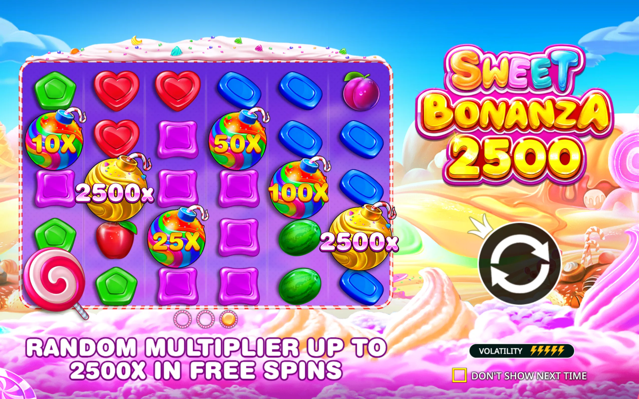 Sweet Bonanza 2500 slot game with vibrant candy symbols, random multipliers up to 2500x, and a playful sweet-themed backdrop.