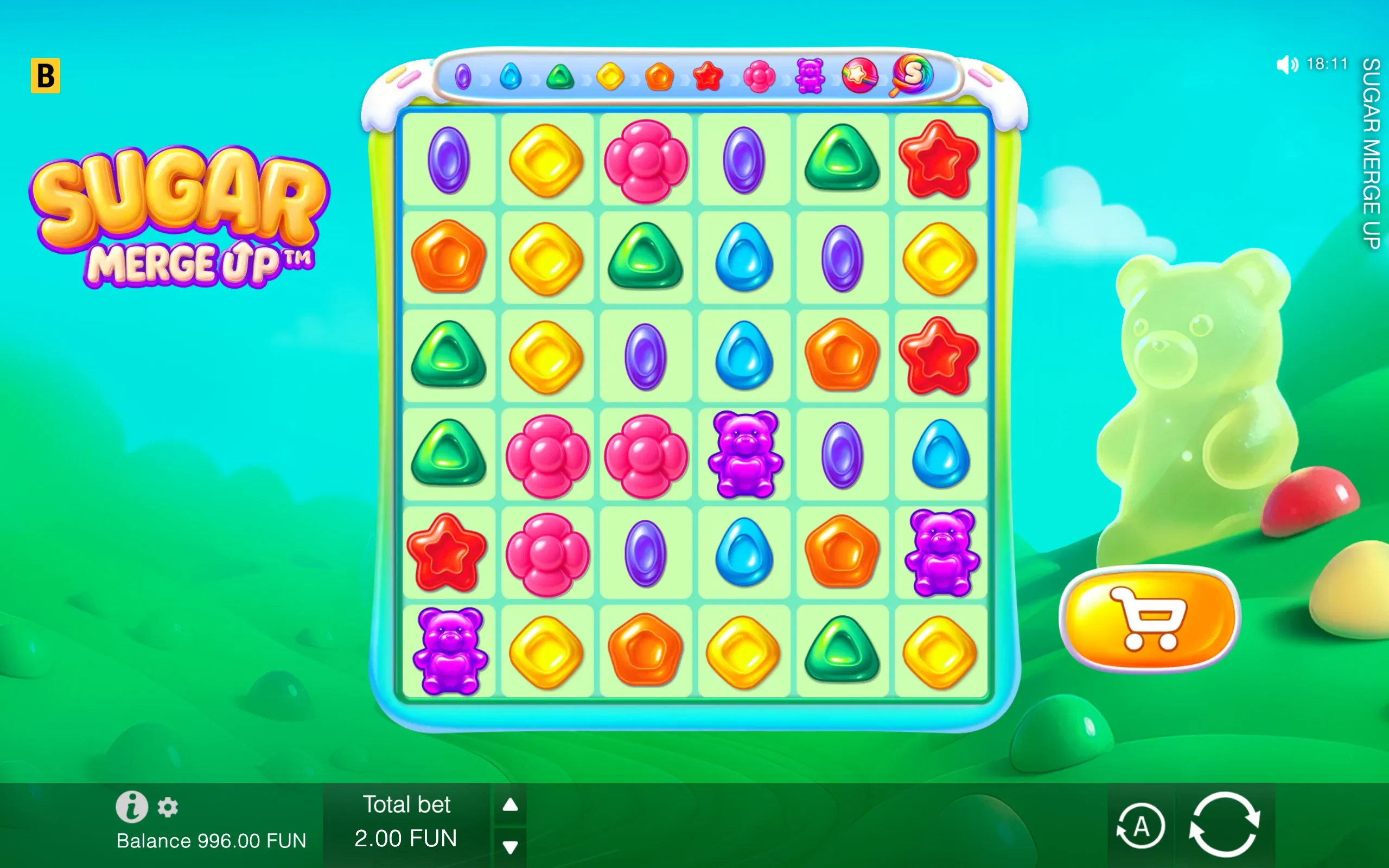 Sugar Merge Up slot game with a large grid of colorful candy symbols, gummy bears, and sweet-themed artwork against a bright turquoise candyland backdrop.