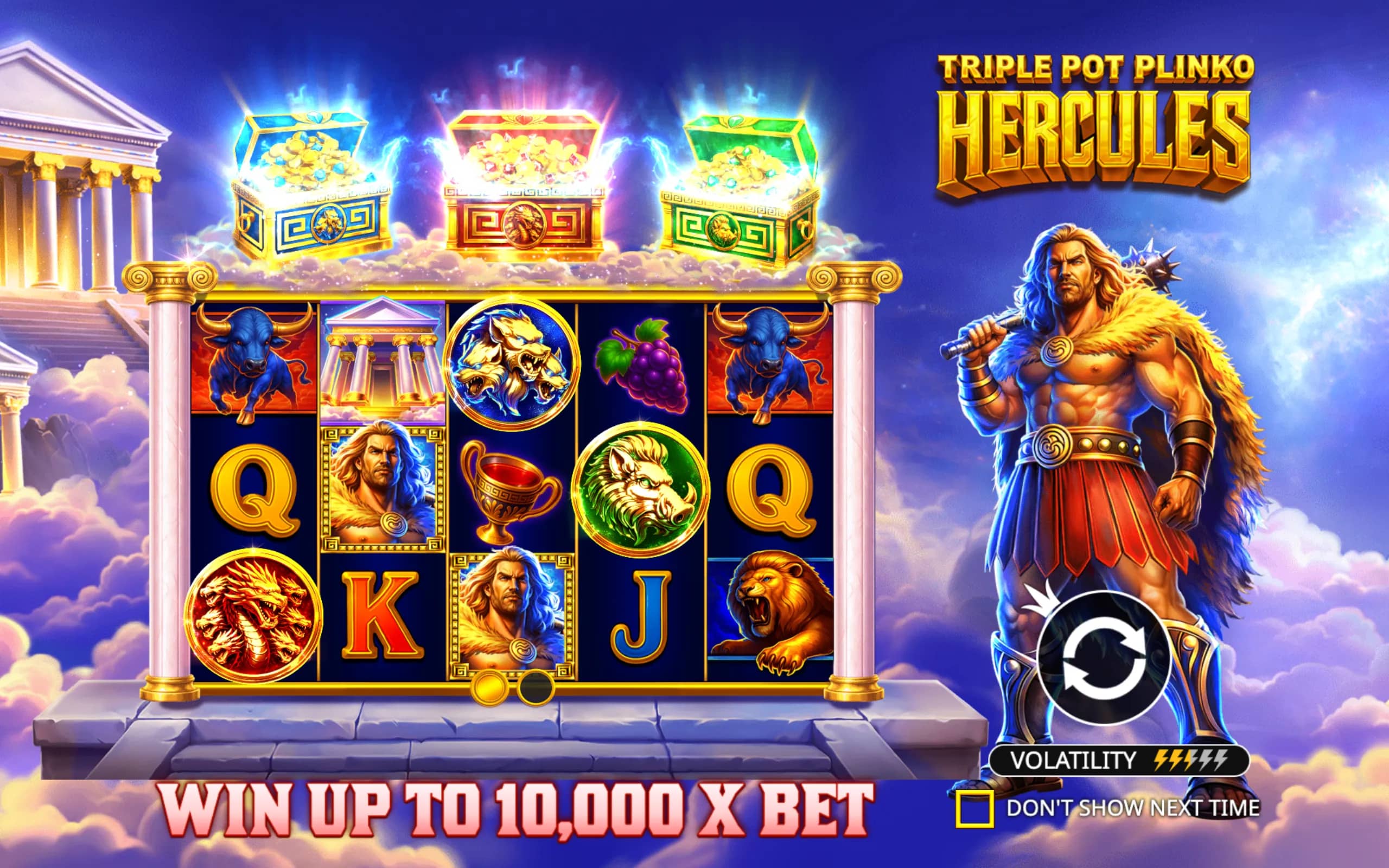 Slot game with Greek mythology theme featuring Hercules, mythic creatures, treasure chests, and ancient temple symbols against a cloudy sky backdrop.