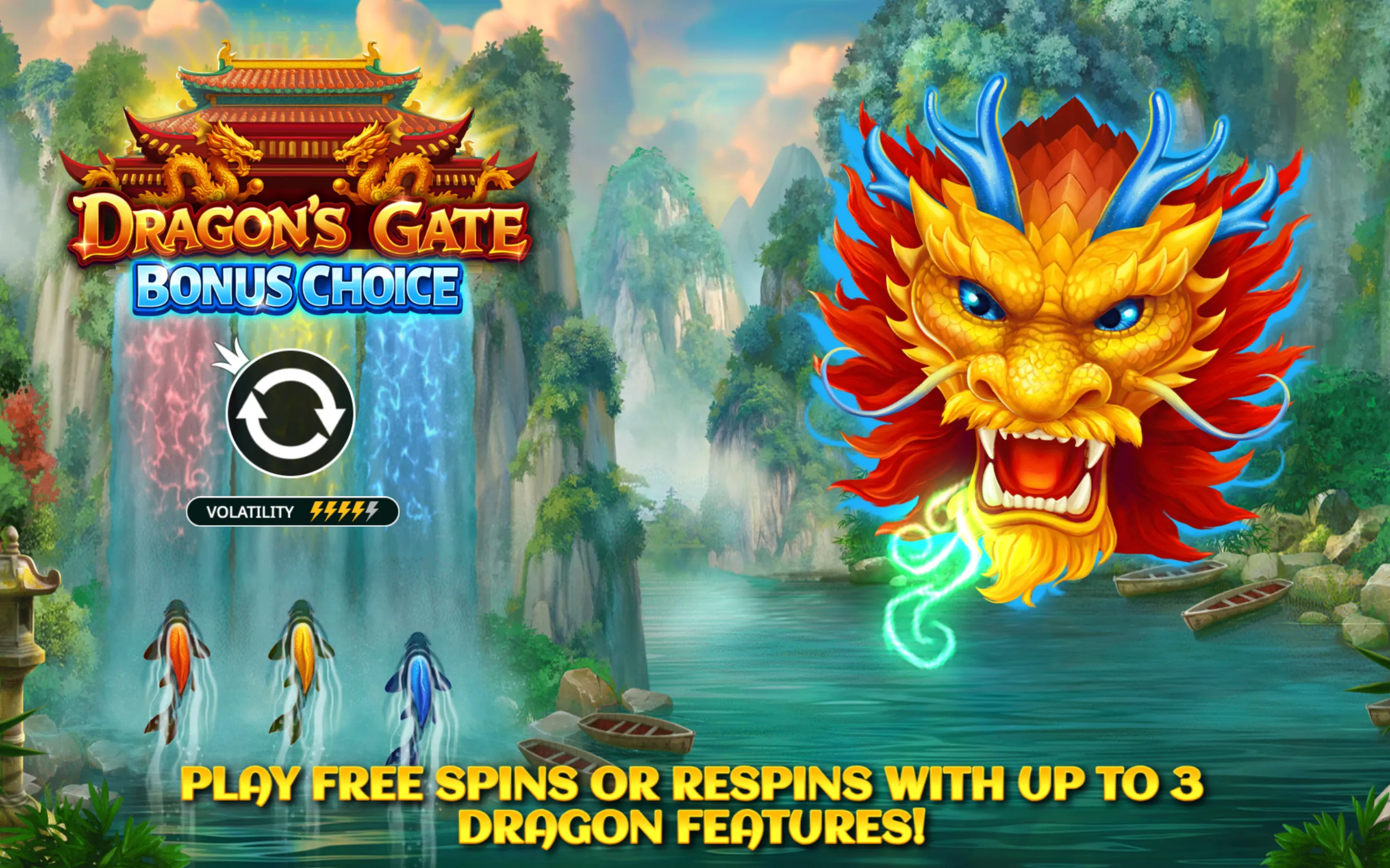 A vibrant Asian-themed slot game featuring a fierce golden dragon head with blue horns, colorful koi fish swimming upwards, and a traditional temple gate with cascading waterfalls in a lush mountainous landscape.