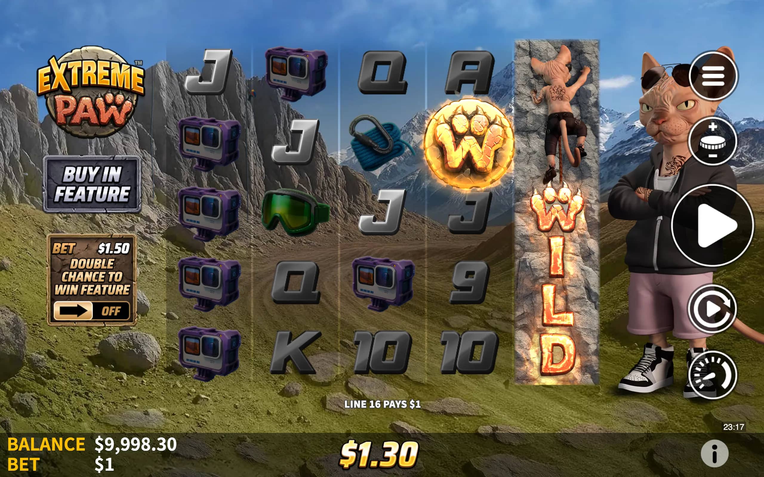 Extreme Paw slot game with a mountain climbing theme featuring a tattooed anthropomorphic cat character, climbing gear symbols, and a glowing wild paw symbol on rocky mountain reels.