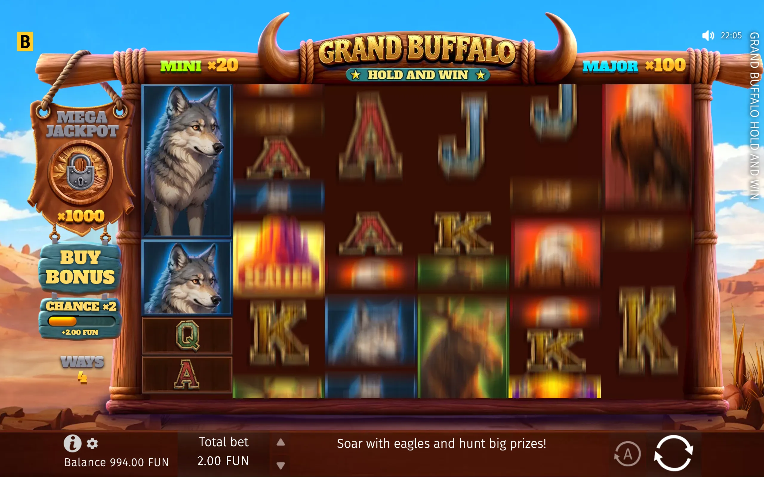 Grand Buffalo Hold & Win slot interface with buffalo-themed wooden branding, wolf symbols, desert scenery, jackpot tiers, and a Buy Bonus panel.