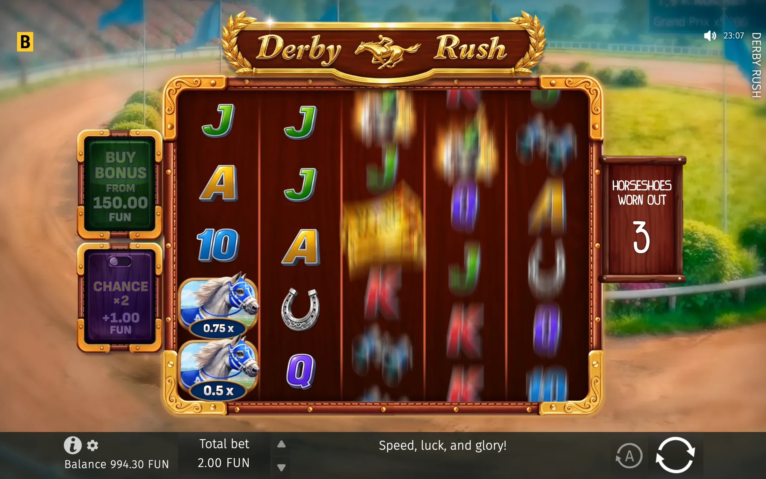 Derby Rush slot interface with spinning reels, colorful card symbols, blue racehorse icons, horseshoes, and a racetrack backdrop.