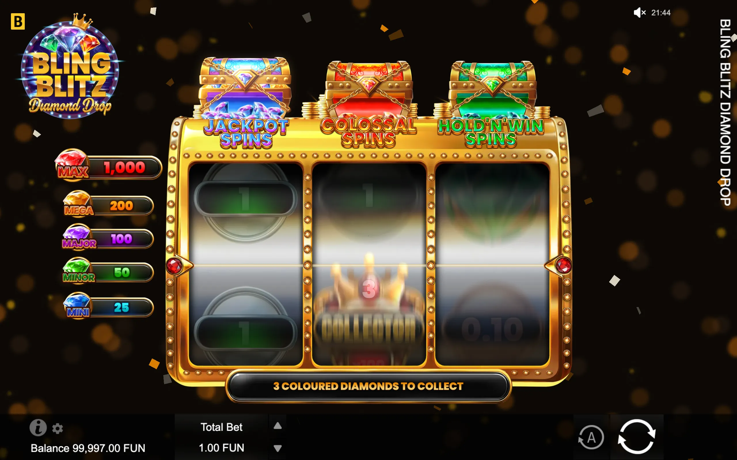 Bling Blitz Diamond Drop slot interface with jewel-filled treasure chests, three coloured diamond collection options, jackpot tiers, and gold-framed reels against a dark confetti backdrop.