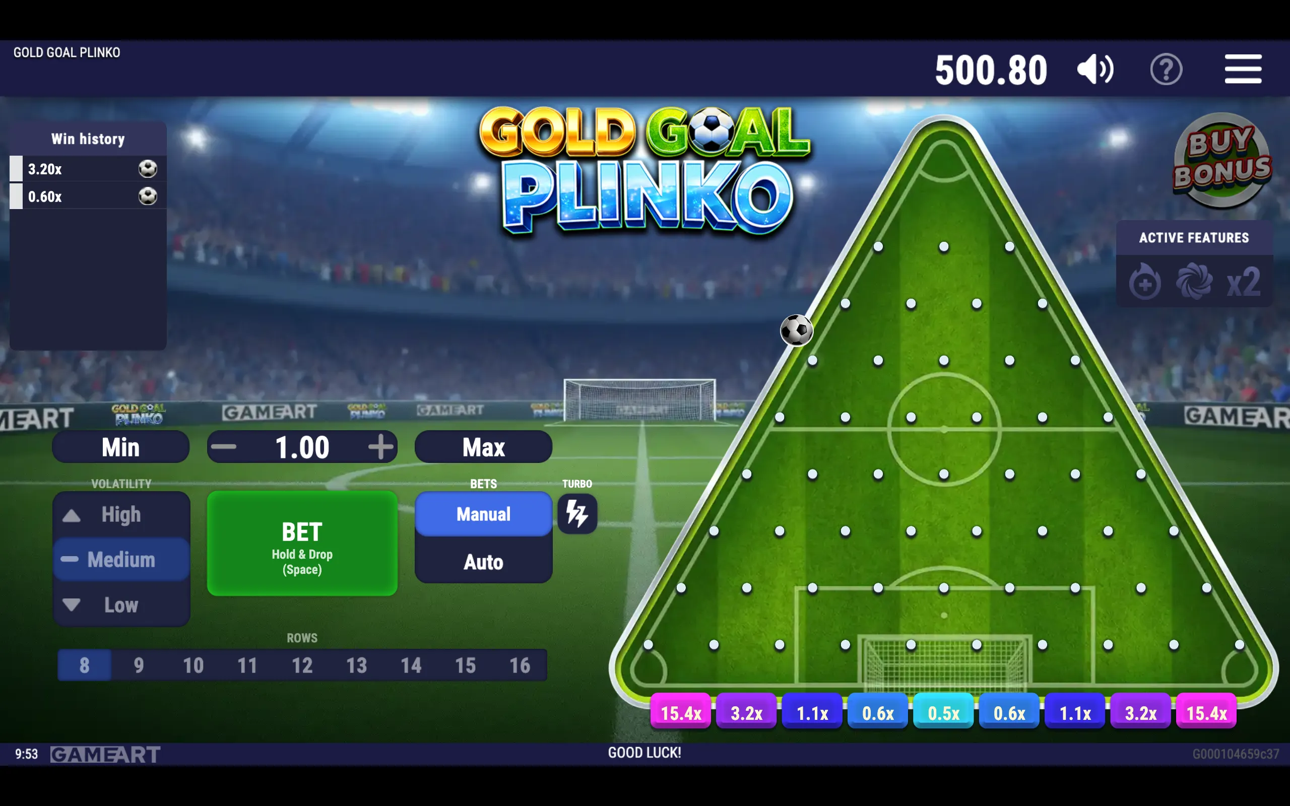 Gold Goal Plinko game interface featuring a football-themed Plinko board, soccer pitch, stadium crowd, and multiplier slots from 0.5x to 15.4x.