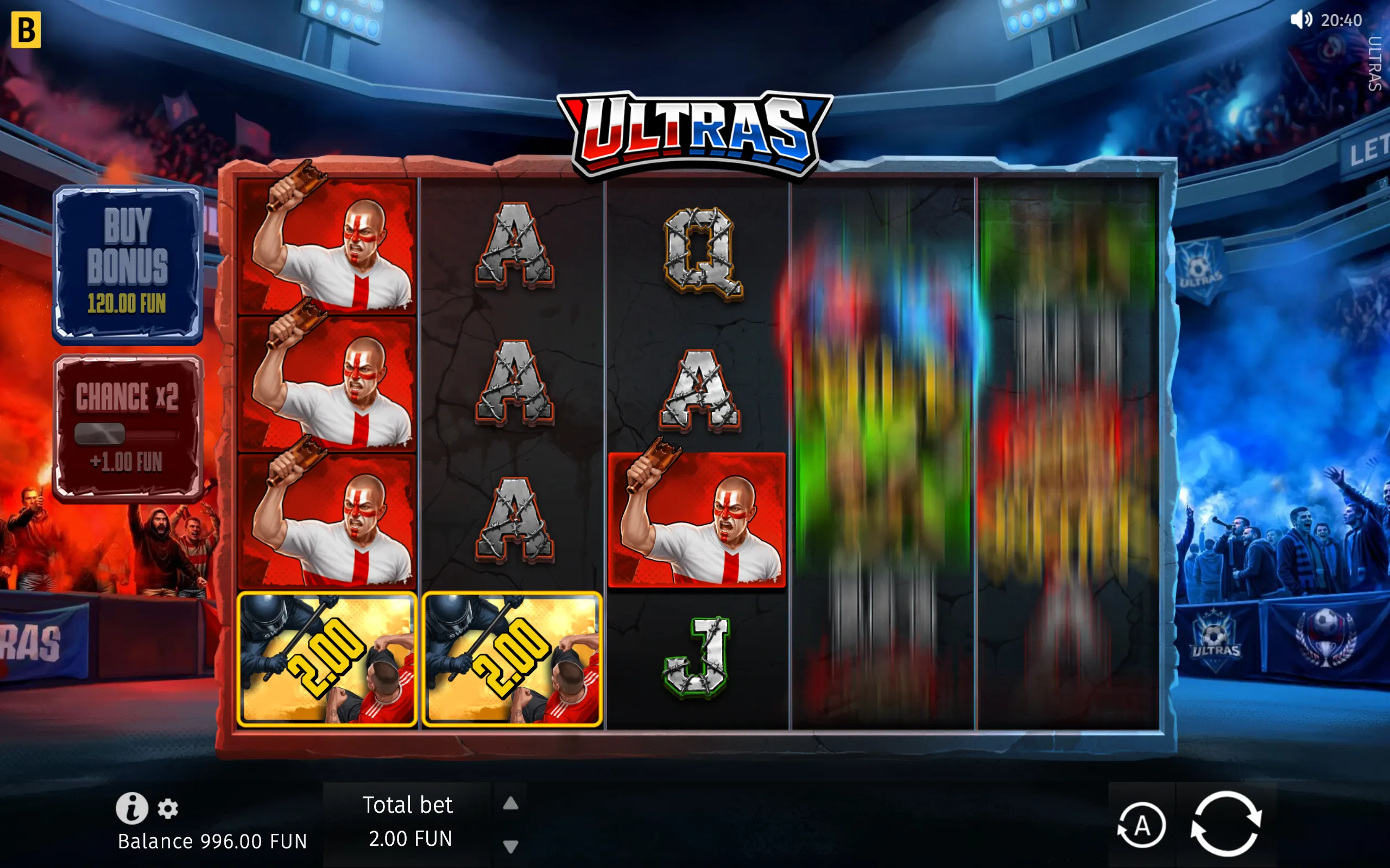 Ultras slot interface featuring football supporters, a masked fan character, cracked metallic letter symbols, 200 symbols, and a stadium crowd backdrop.