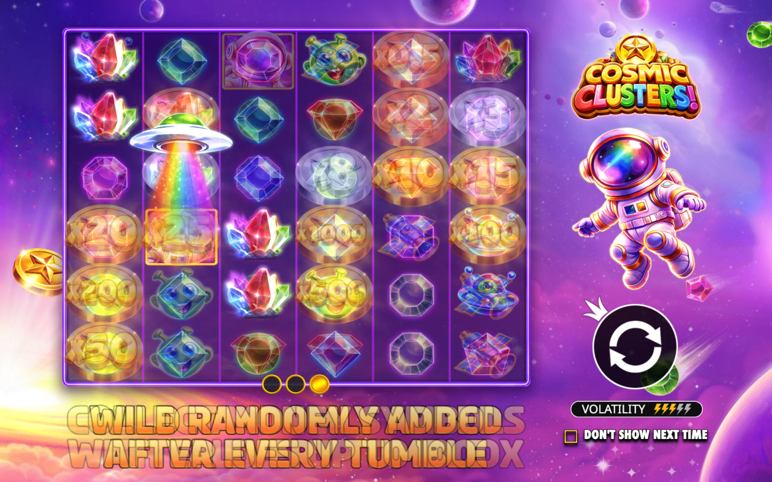 Colorful cosmic-themed slot game interface featuring vibrant gemstones, multipliers, and an astronaut character against a purple space backdrop.