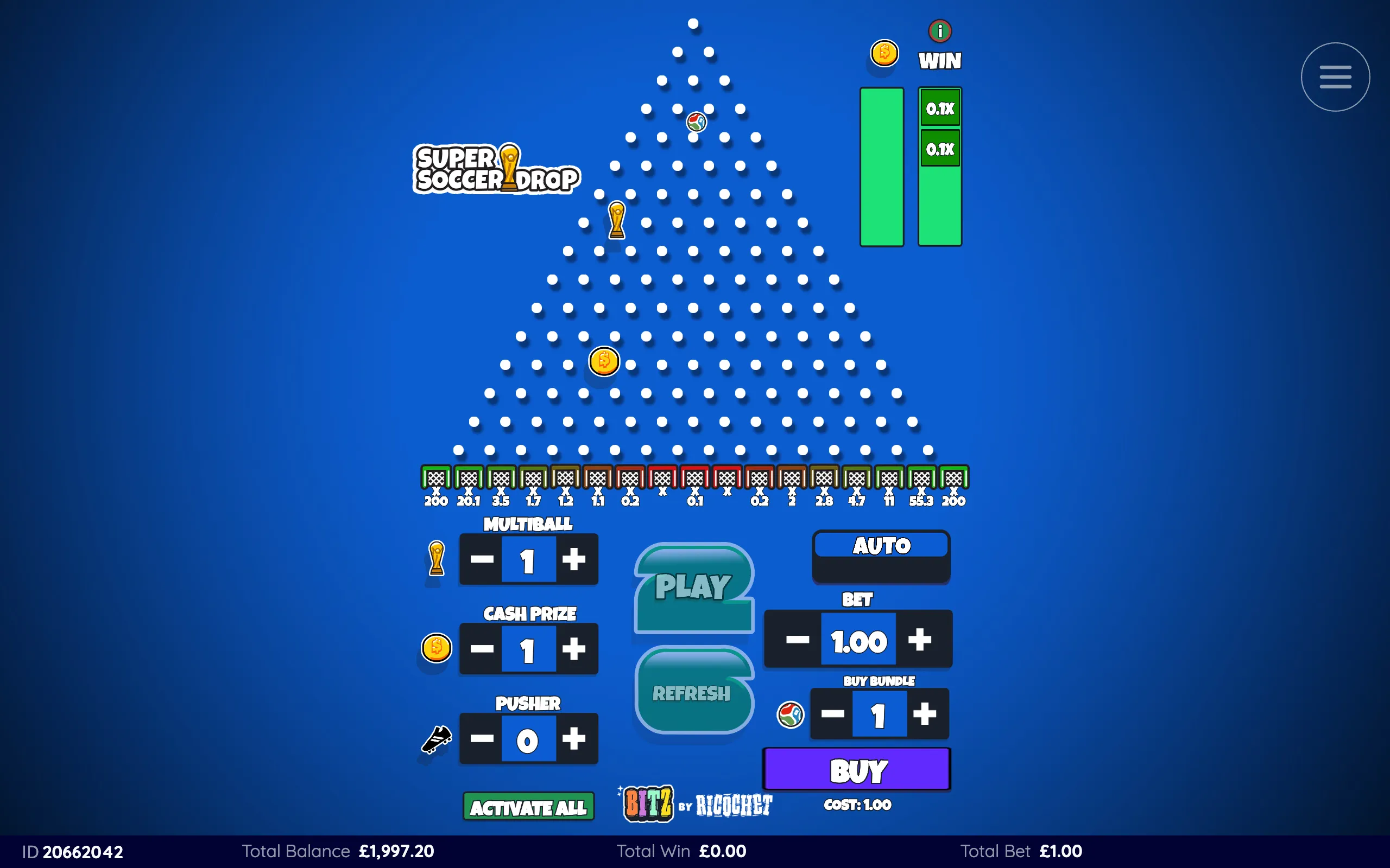 Super Soccer Drop slot interface with a soccer ball descending through a blue pegboard toward soccer goal multiplier slots, alongside cash prize, multiball, auto, and buy controls.