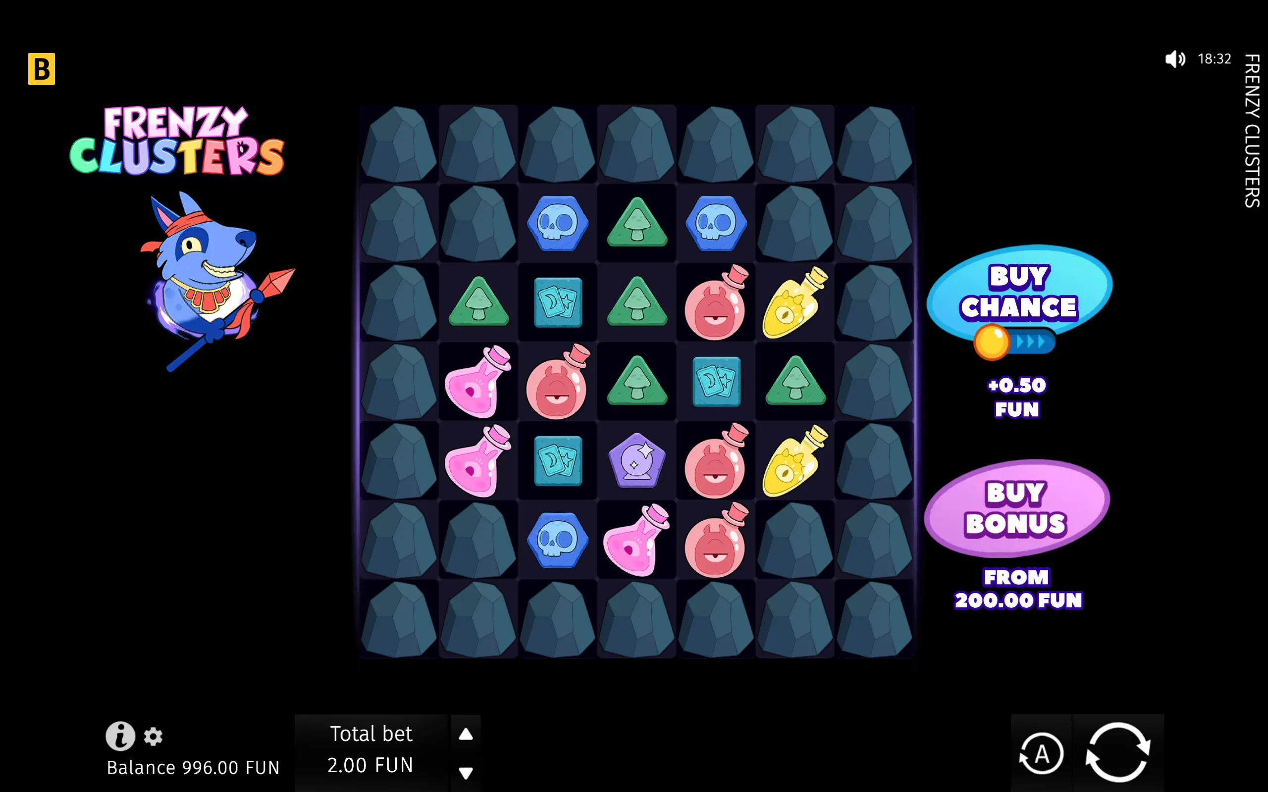 Colorful Frenzy Clusters slot interface with a cartoon blue spear-wielding creature, a dark stone-tile grid filled with skulls, potions, mushrooms and magical symbols, plus bonus purchase buttons.