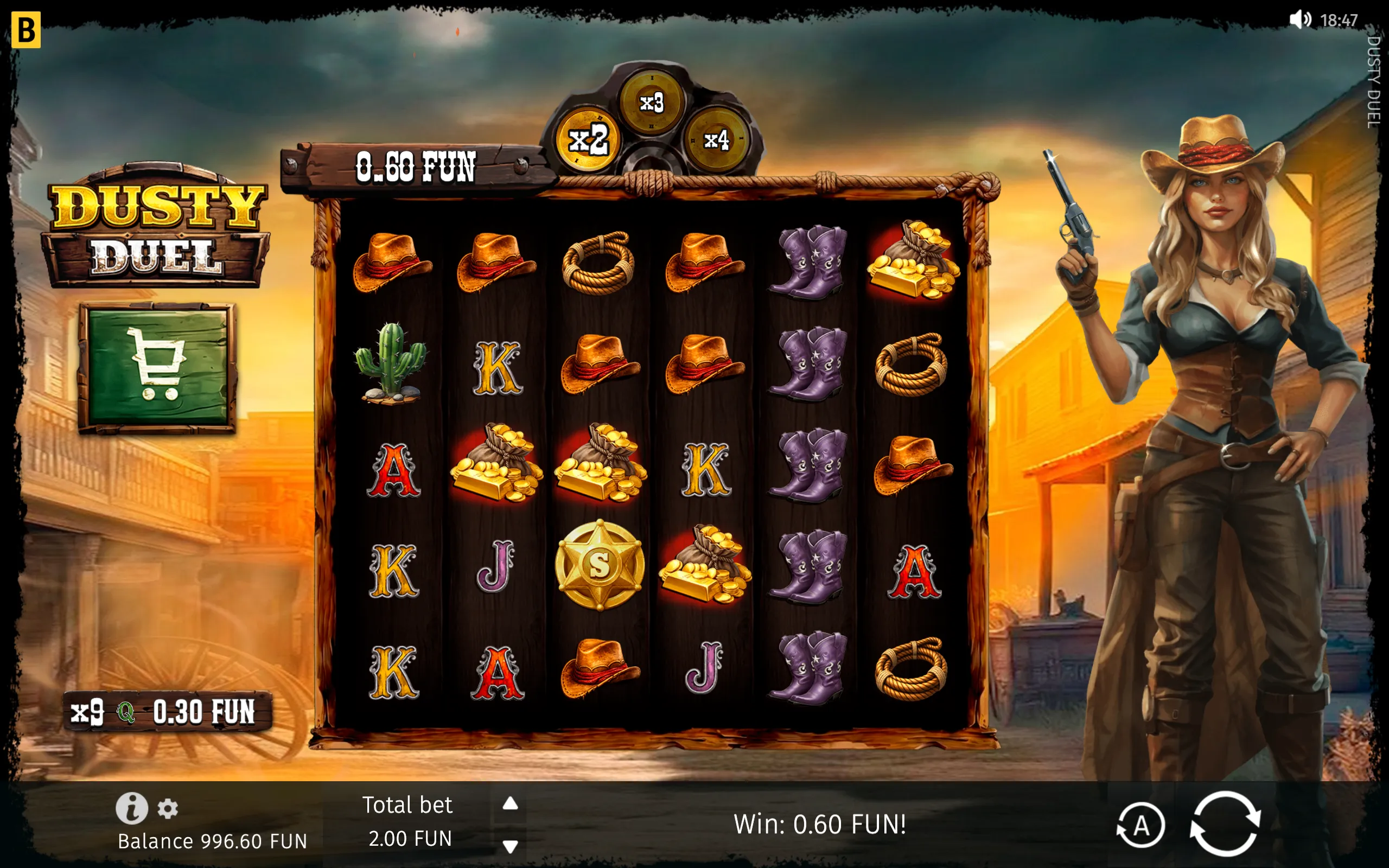 Dusty Duel slot reels filled with cowboy hats, boots, gold bags, ropes, cacti and playing-card symbols, set against a sunset frontier town with an armed cowgirl.