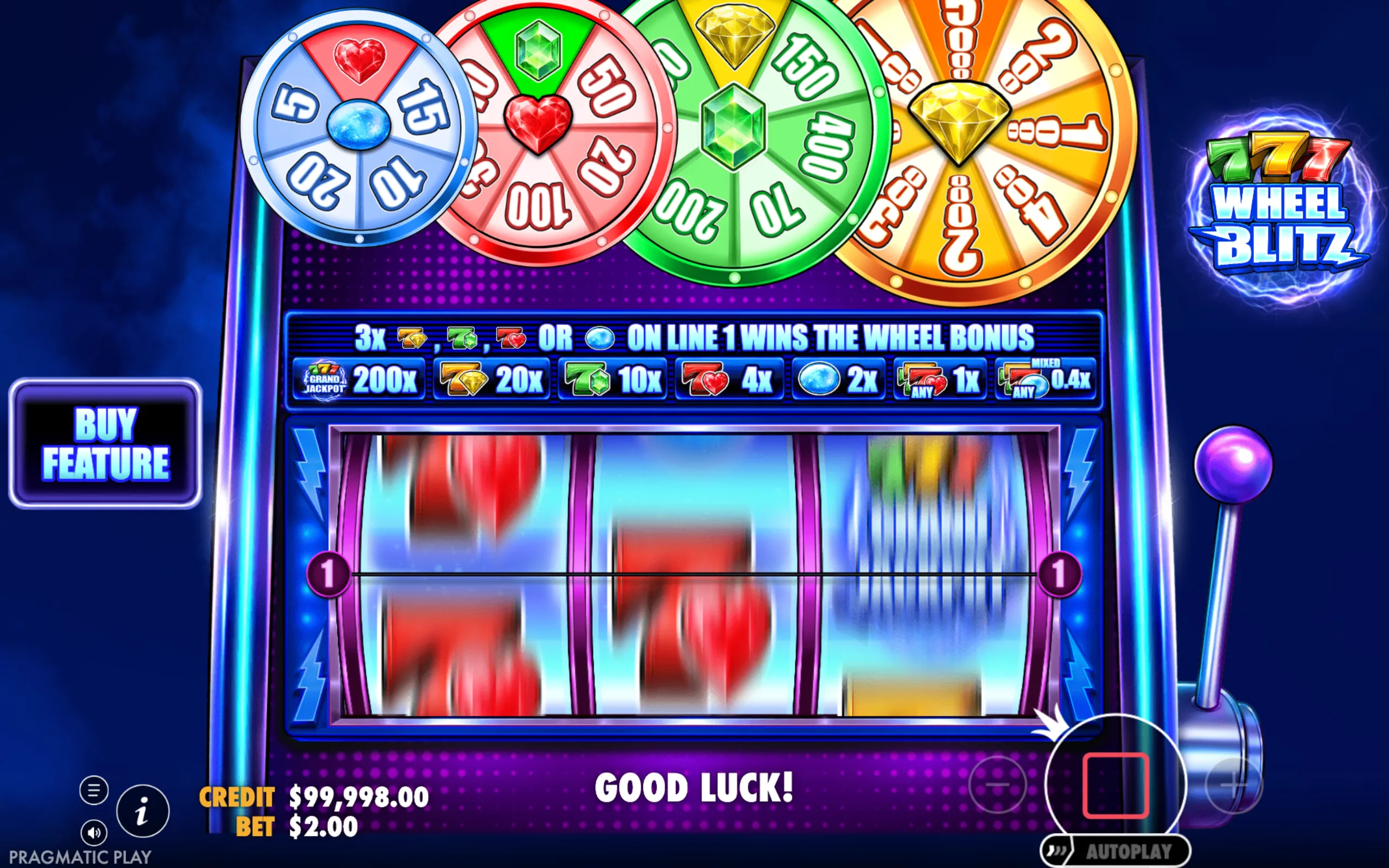 A vibrant slot game interface featuring spinning reels with classic symbols and colorful bonus wheels indicating multipliers and jackpots.