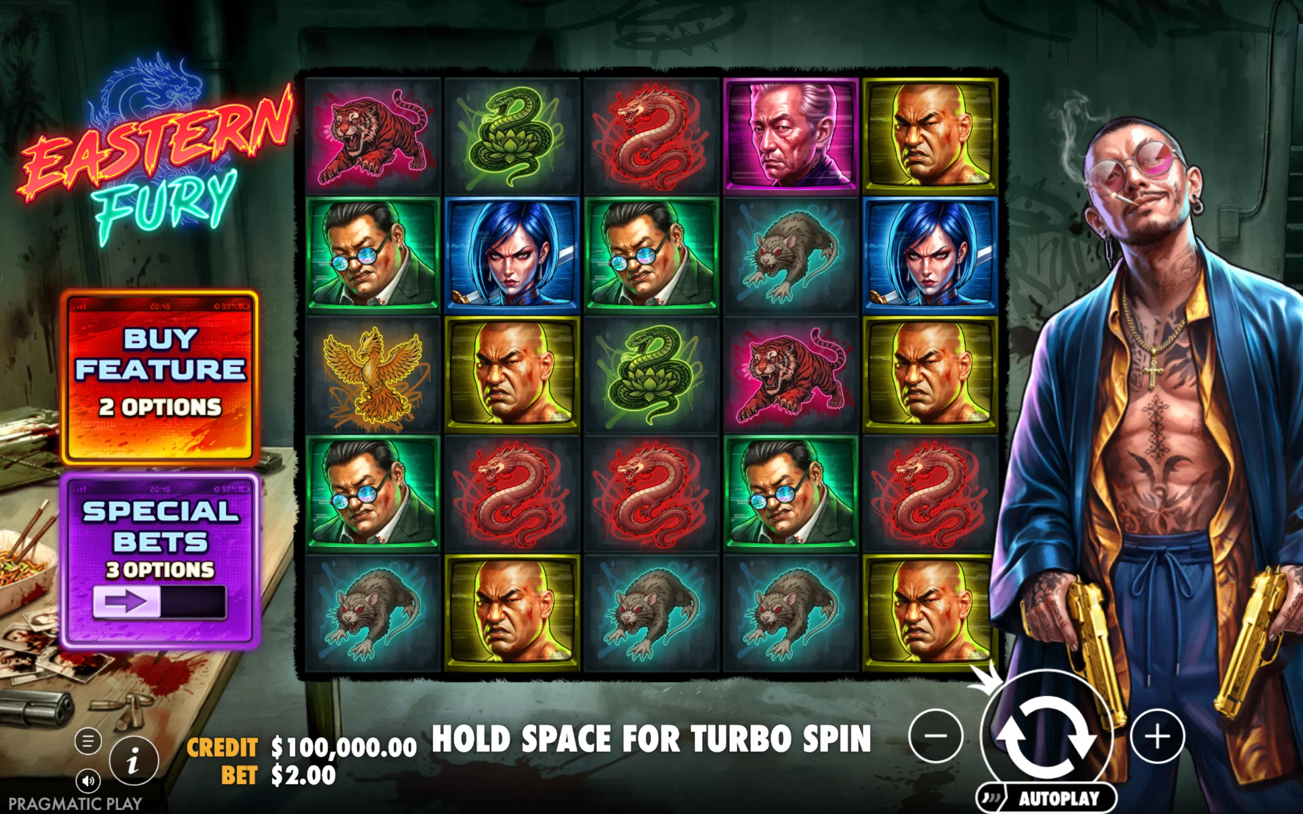 Eastern Fury slot game with neon-lit title, featuring symbols of fierce animals, tough characters, and a tattooed man holding golden guns in a dark urban setting