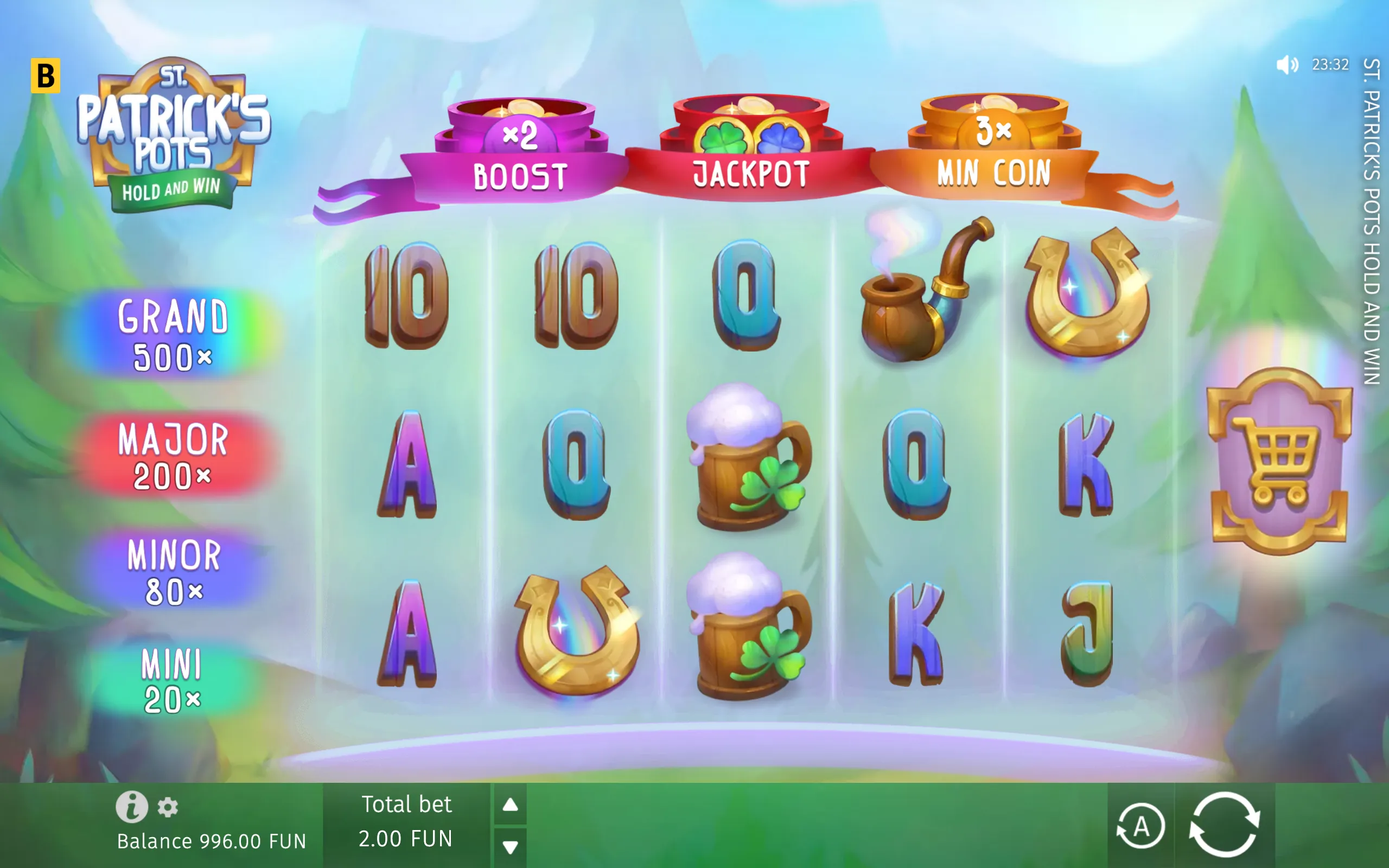 St. Patrick's Pots slot interface with colorful reels, coin pots, shamrocks, horseshoes, pipes, and jackpot labels against a whimsical Irish landscape.