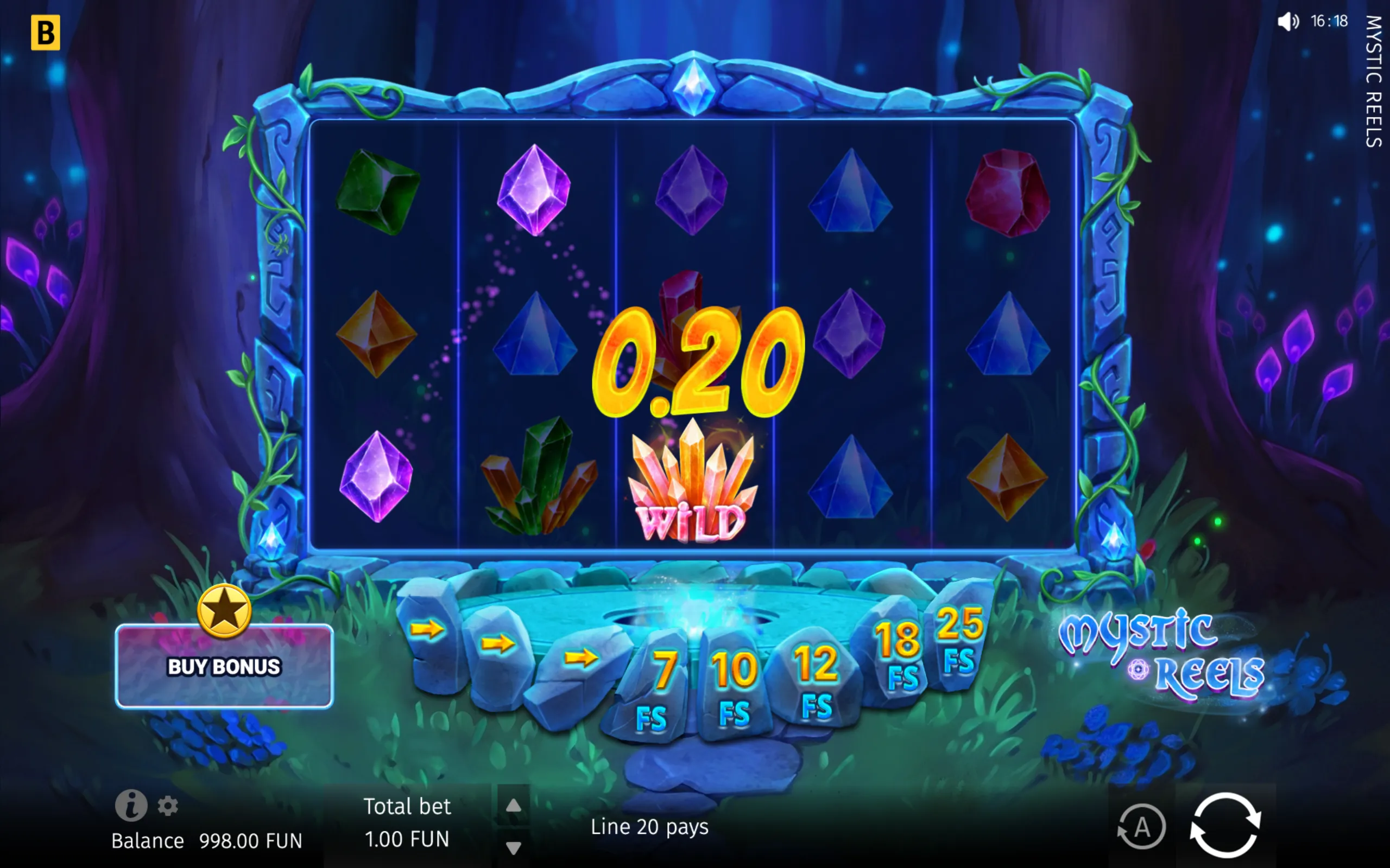 Mystic Reels slot interface with glowing crystal symbols, a central crystal Wild, free-spin options, and a Buy Bonus button in an enchanted forest setting.