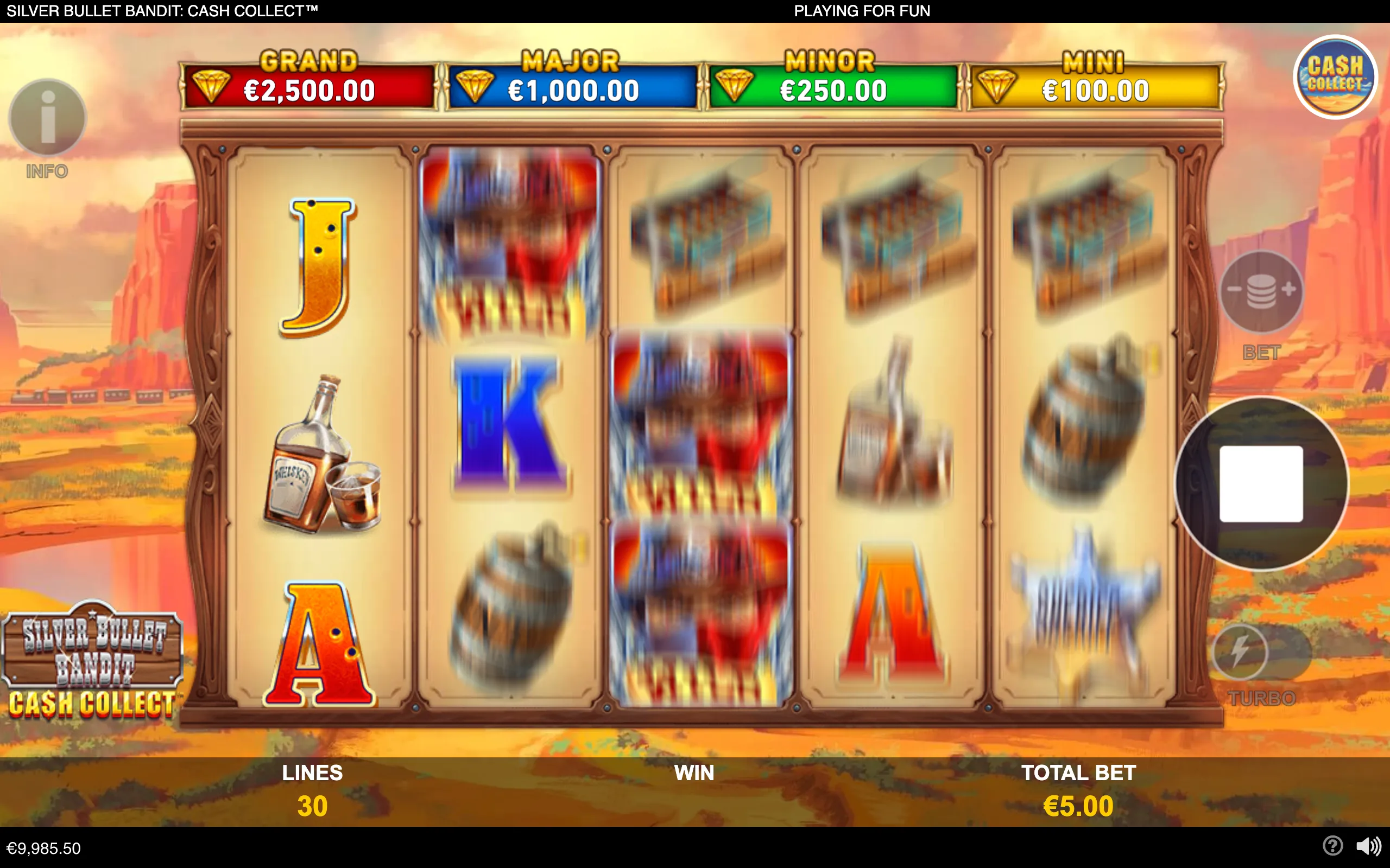 Silver Bullet Bandit: Cash Collect slot interface with spinning reels, Western symbols, a desert canyon backdrop, and Grand, Major, Minor, and Mini jackpot meters.