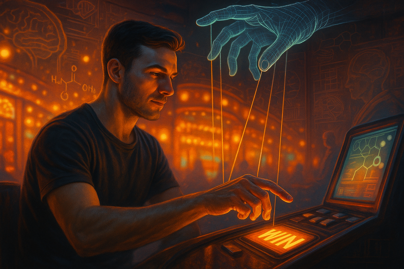 A man presses a glowing "WIN" button on a slot machine as a digital puppet hand manipulates his movements with strings.