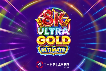 8K Ultra Gold Ultimate slot game logo featuring bold metallic lettering in red, green, and gold against a vibrant purple background with radiating rainbow light beams and sparkling stars, 