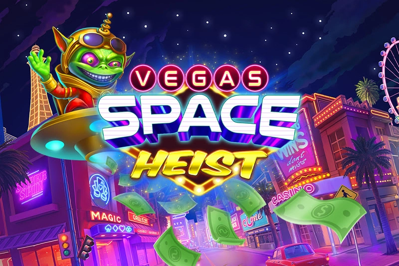 A green alien in a gold helmet rides a glowing UFO above a neon-lit city street with dollar bills flying.