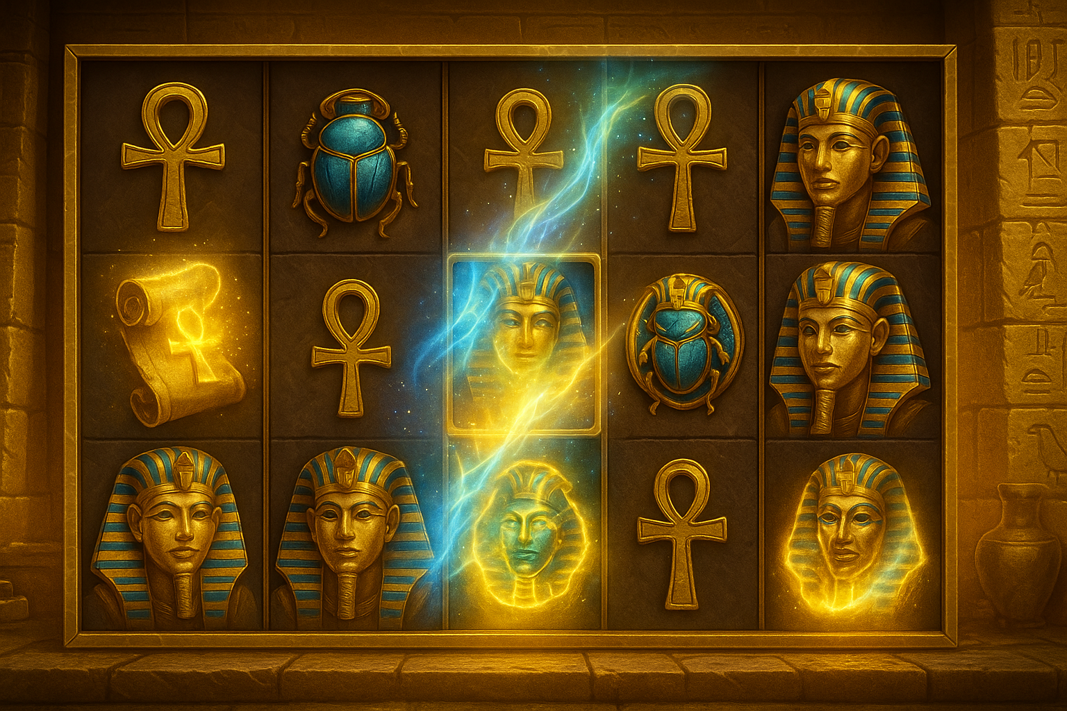 Ancient Egypt-themed slot machine showing transforming symbols on a 5x3 reel, with pharaoh masks, ankhs, scarabs, and magical energy effects in a golden temple setting.