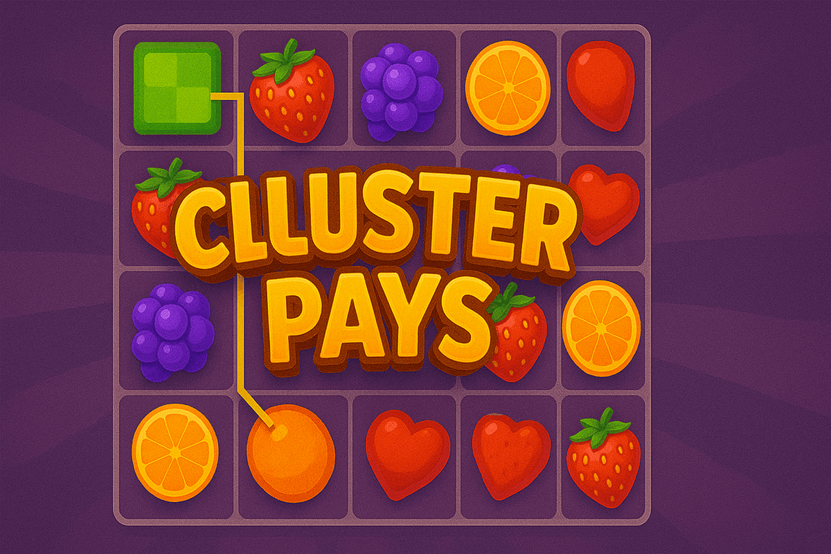 Grid-style slot layout showing connected fruit symbols forming a cluster, with “Cluster Pays” text in the center on a purple background.