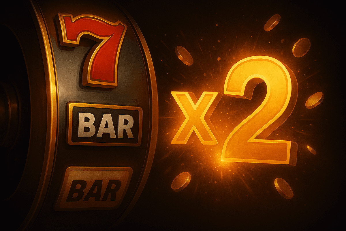 A cropped slot machine reel displays a red seven and BAR symbols beside a glowing x2 multiplier with radiating coins.