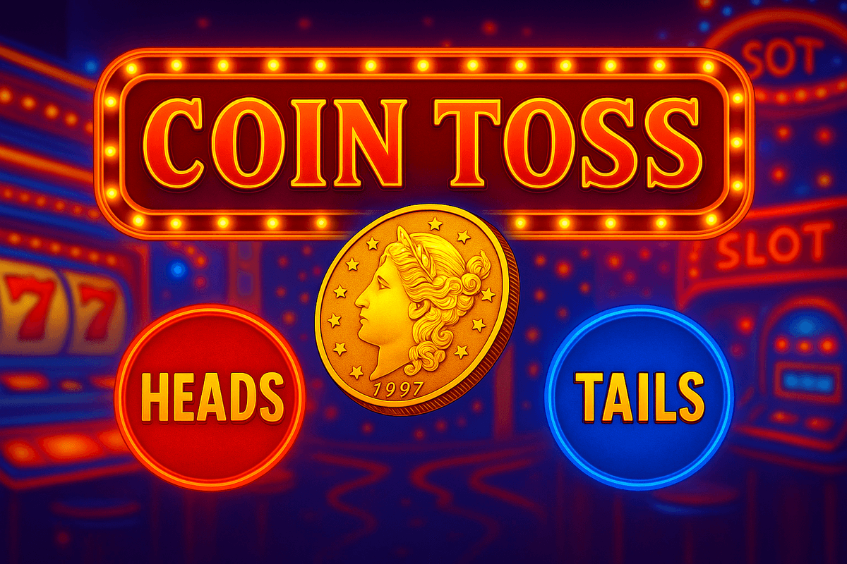 A golden coin with a classical female profile hovers between glowing “HEADS” and “TAILS” buttons under a marquee-style “COIN TOSS” sign, set against a neon-lit casino backdrop.