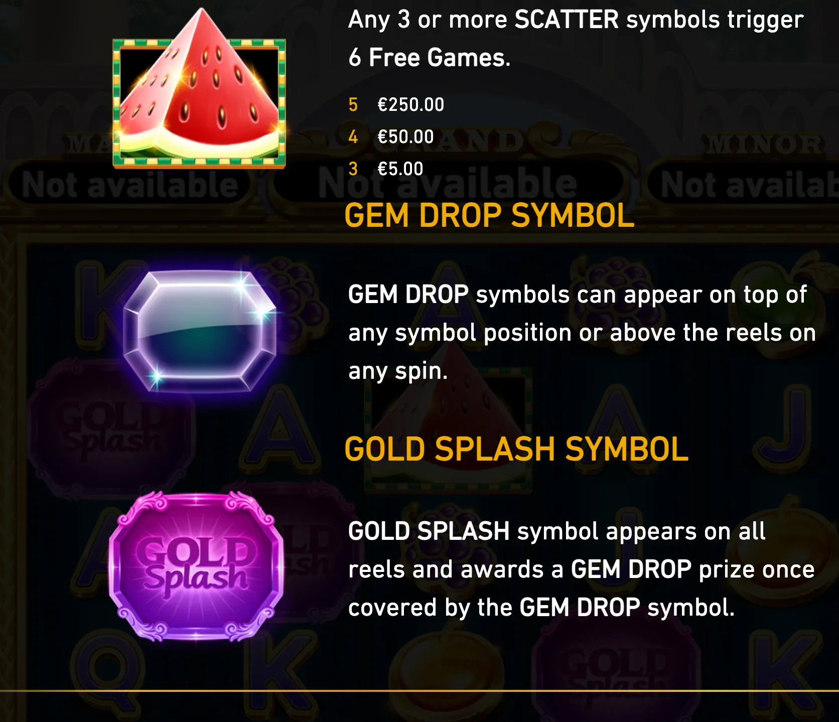 Gold Splash: Toots Froots feature graphic with a watermelon symbol, glowing GEM DROP icon, GOLD SPLASH badge, and text explaining free games and prize collection.