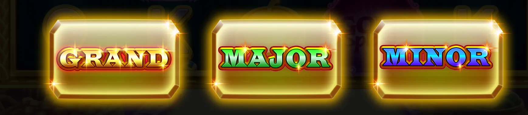 Three glowing gold plaques labeled Grand, Major, and Minor against a dark slot-game backdrop.