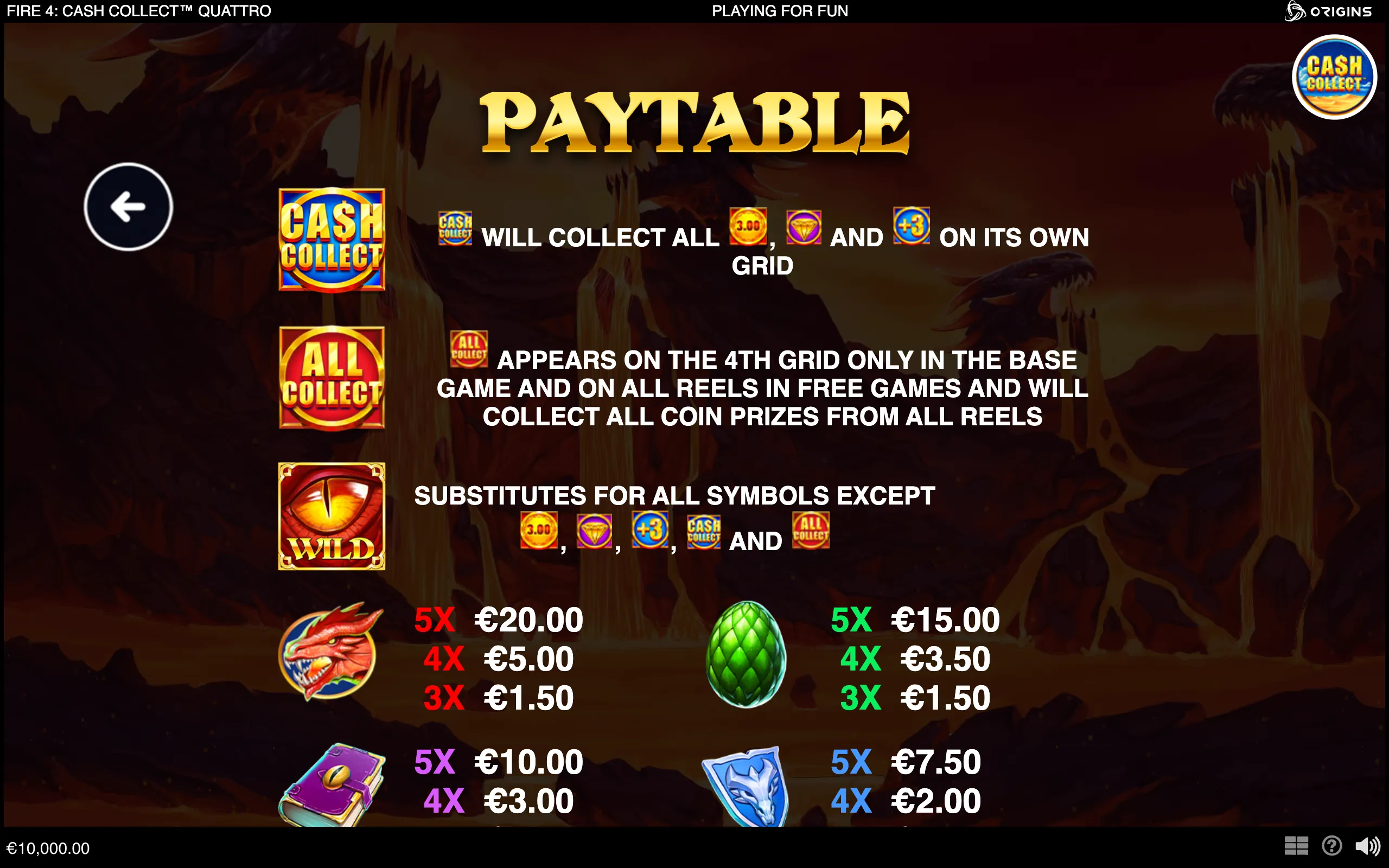 Fire 4: Cash Collect Quattro paytable featuring Cash Collect and All Collect symbols, a dragon wild, fantasy dragon artwork, and payout values.