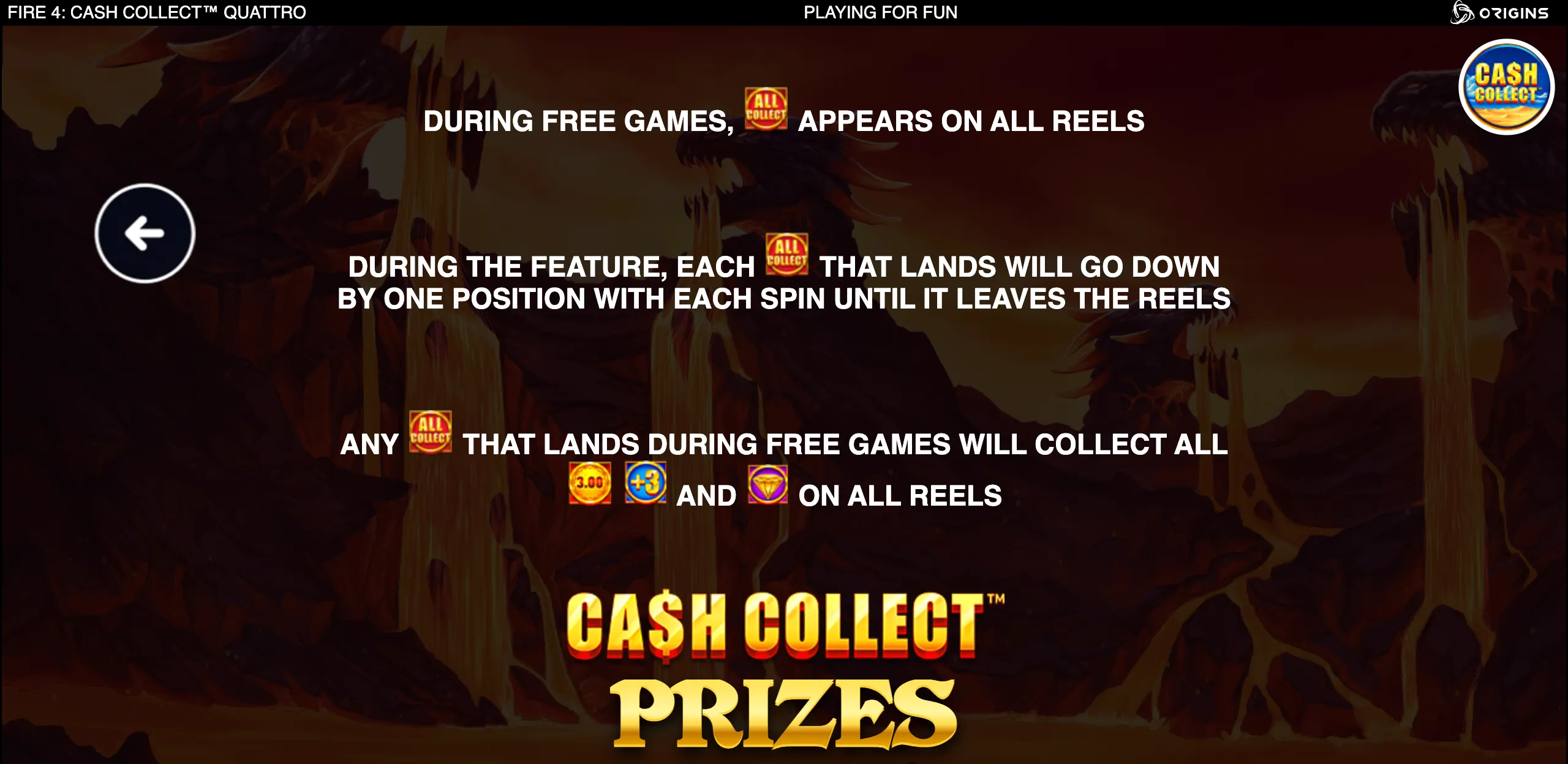 Fire 4: Cash Collect Quattro feature artwork with fiery mountain scenery, dragon silhouettes, and bold text explaining All Collect symbols, downward movement, and prize collection.