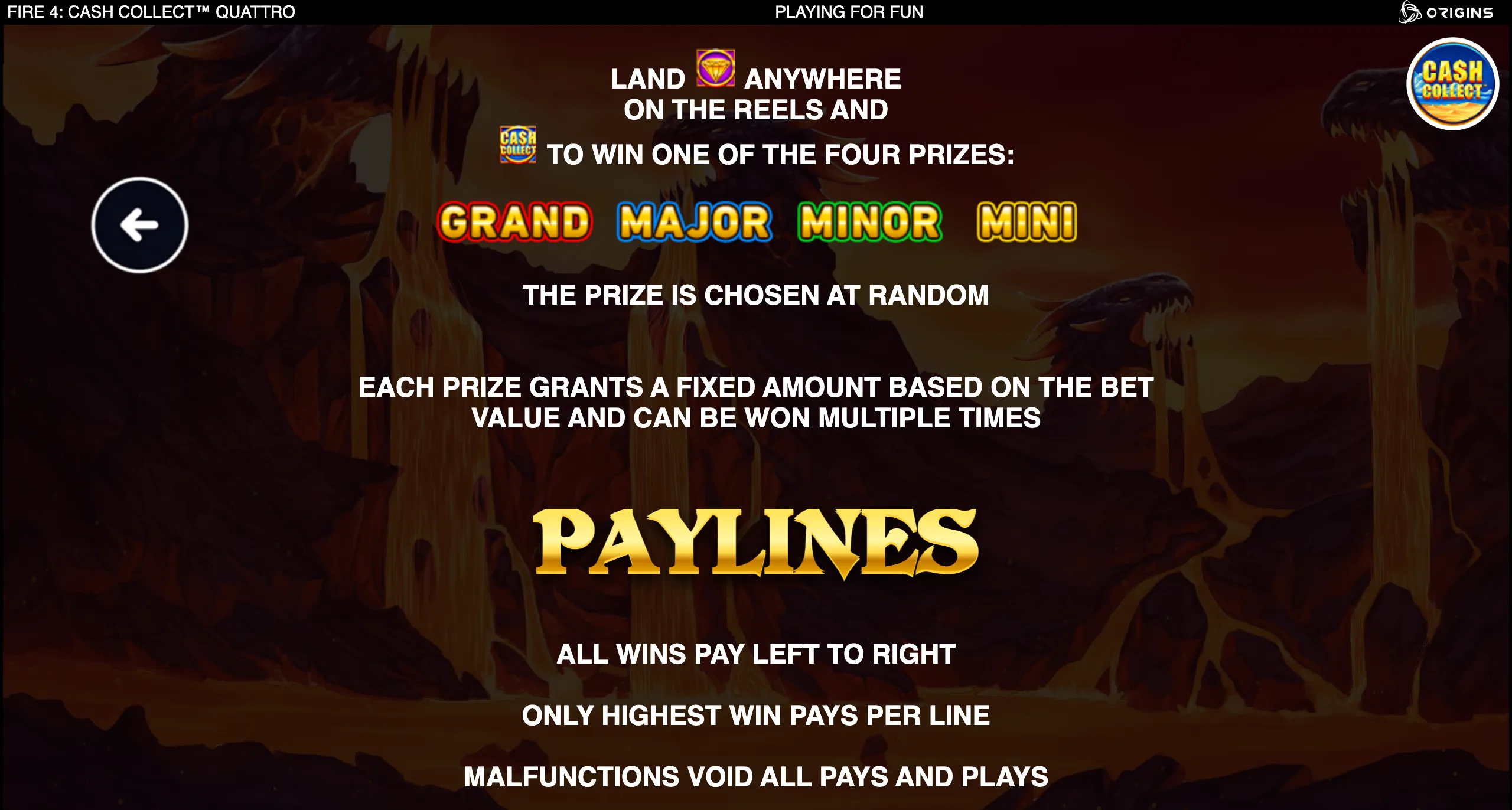 Fire 4: Cash Collect Quattro rules panel over a dark volcanic canyon with lava-like formations, explaining Cash Collect symbols, Grand, Major, Minor, and Mini prizes, and payline rules.
